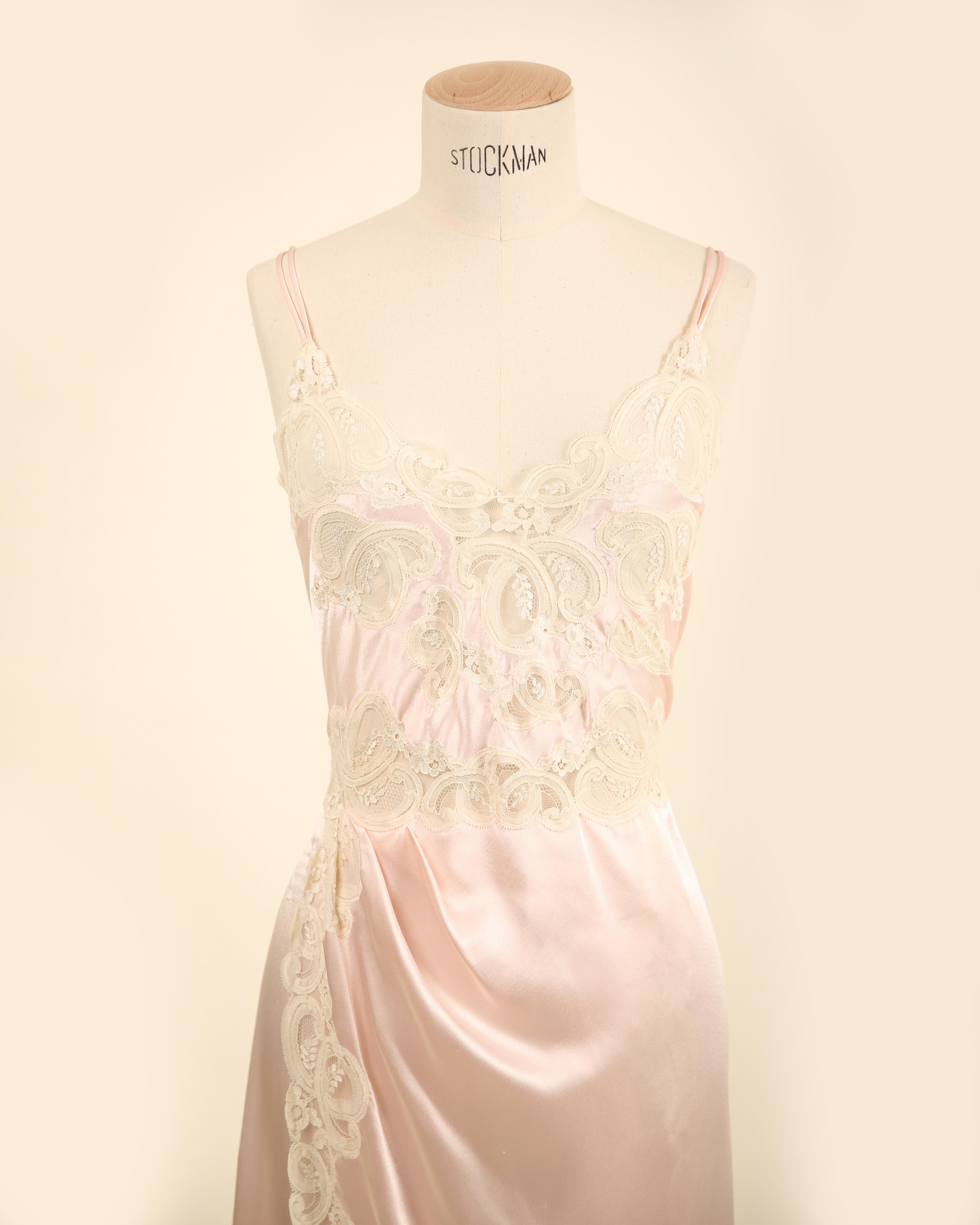Eve Stillman vintage silk pink ivory lace slit night gown slip wedding dress For Sale 13