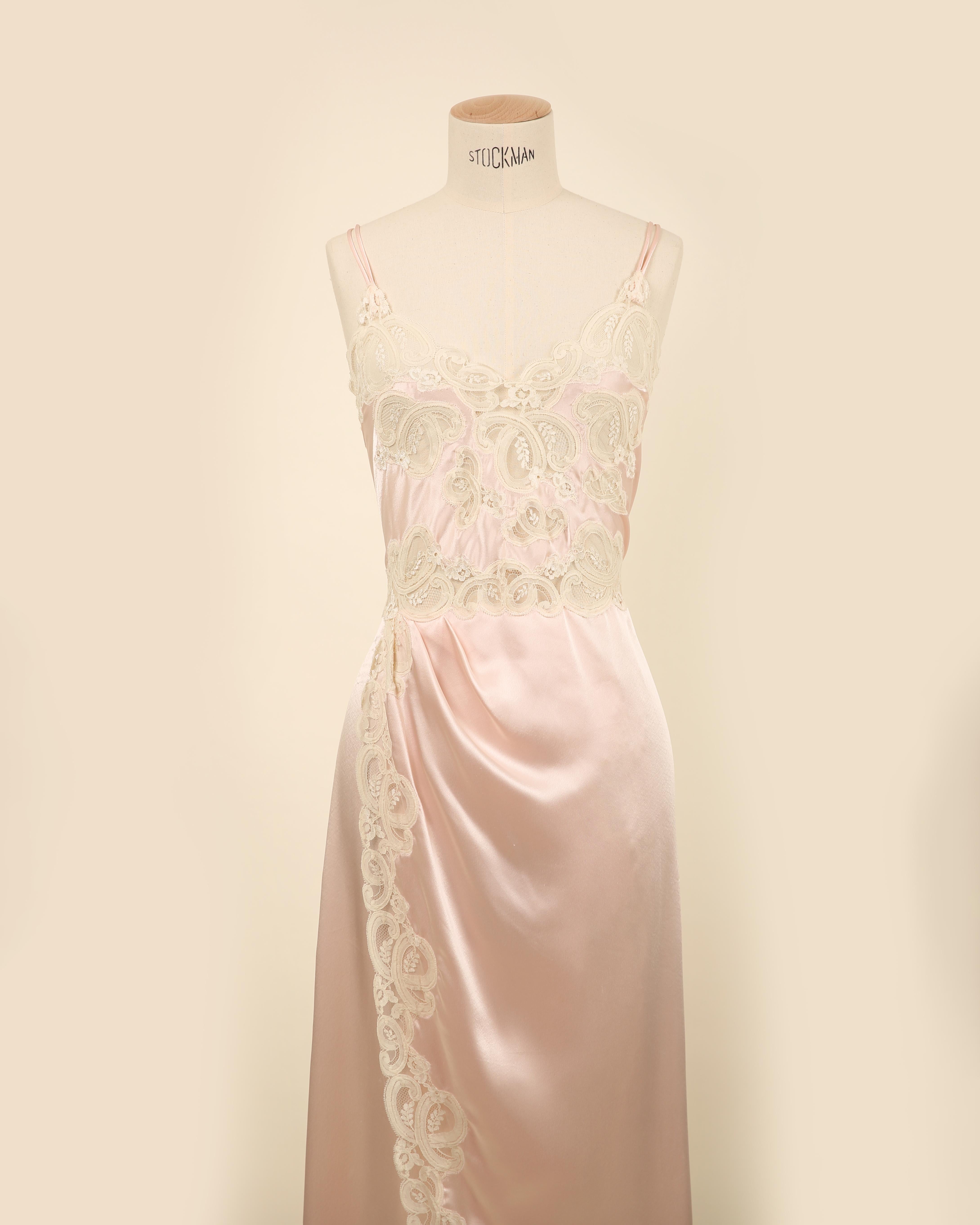 Eve Stillman vintage silk pink ivory lace slit night gown slip wedding dress For Sale 14