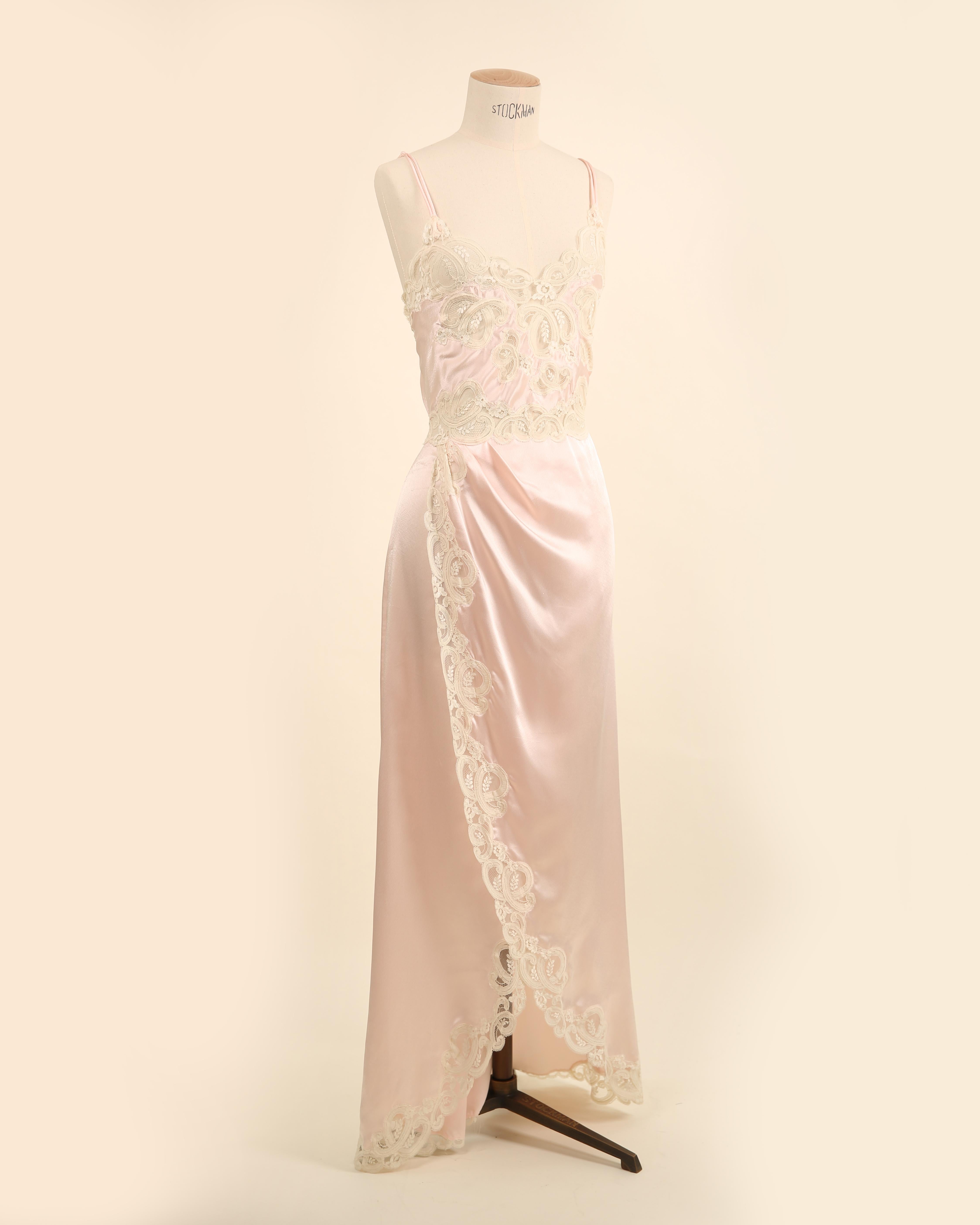 White Eve Stillman vintage silk pink ivory lace slit night gown slip wedding dress For Sale