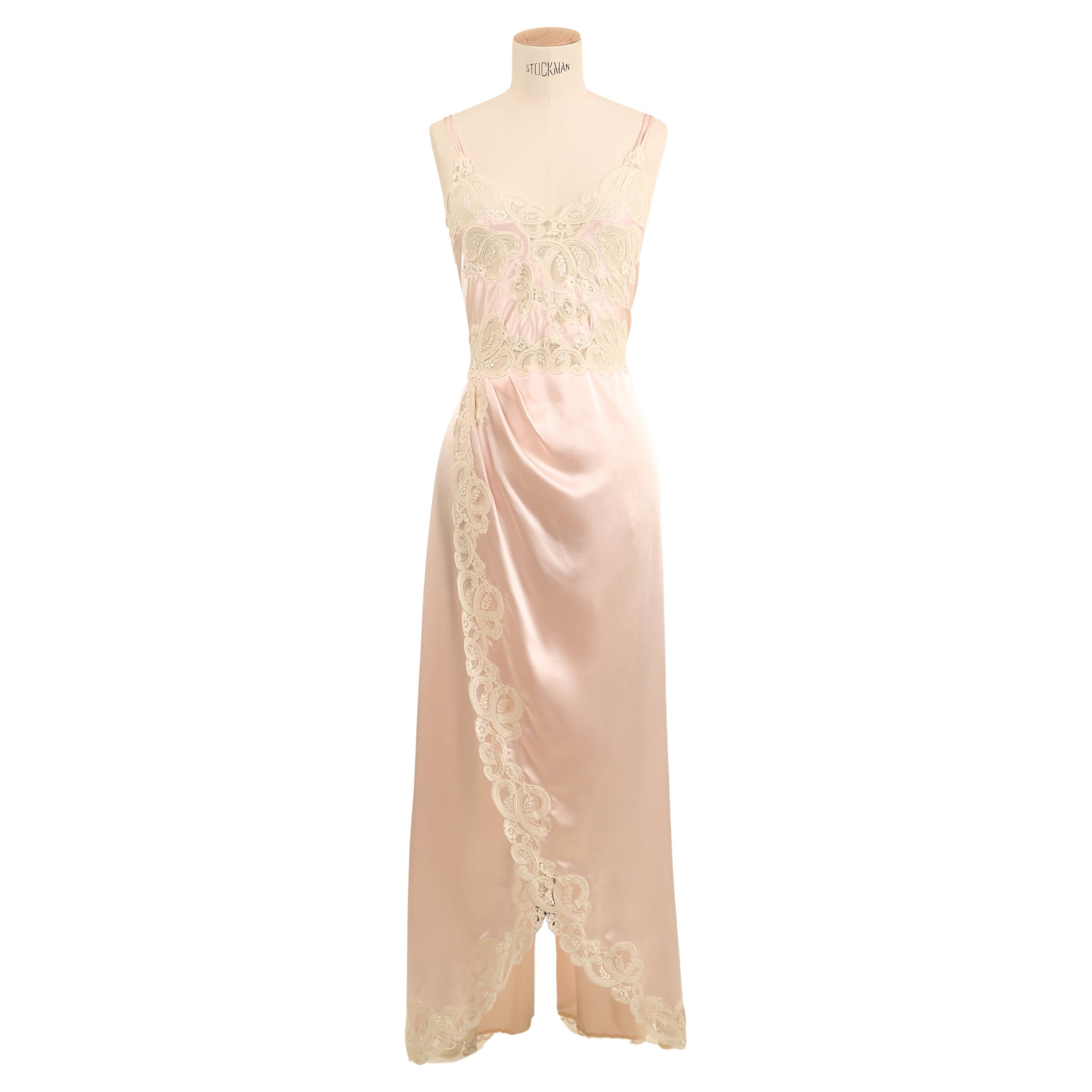 Eve Stillman vintage silk pink ivory lace slit night gown slip wedding dress For Sale