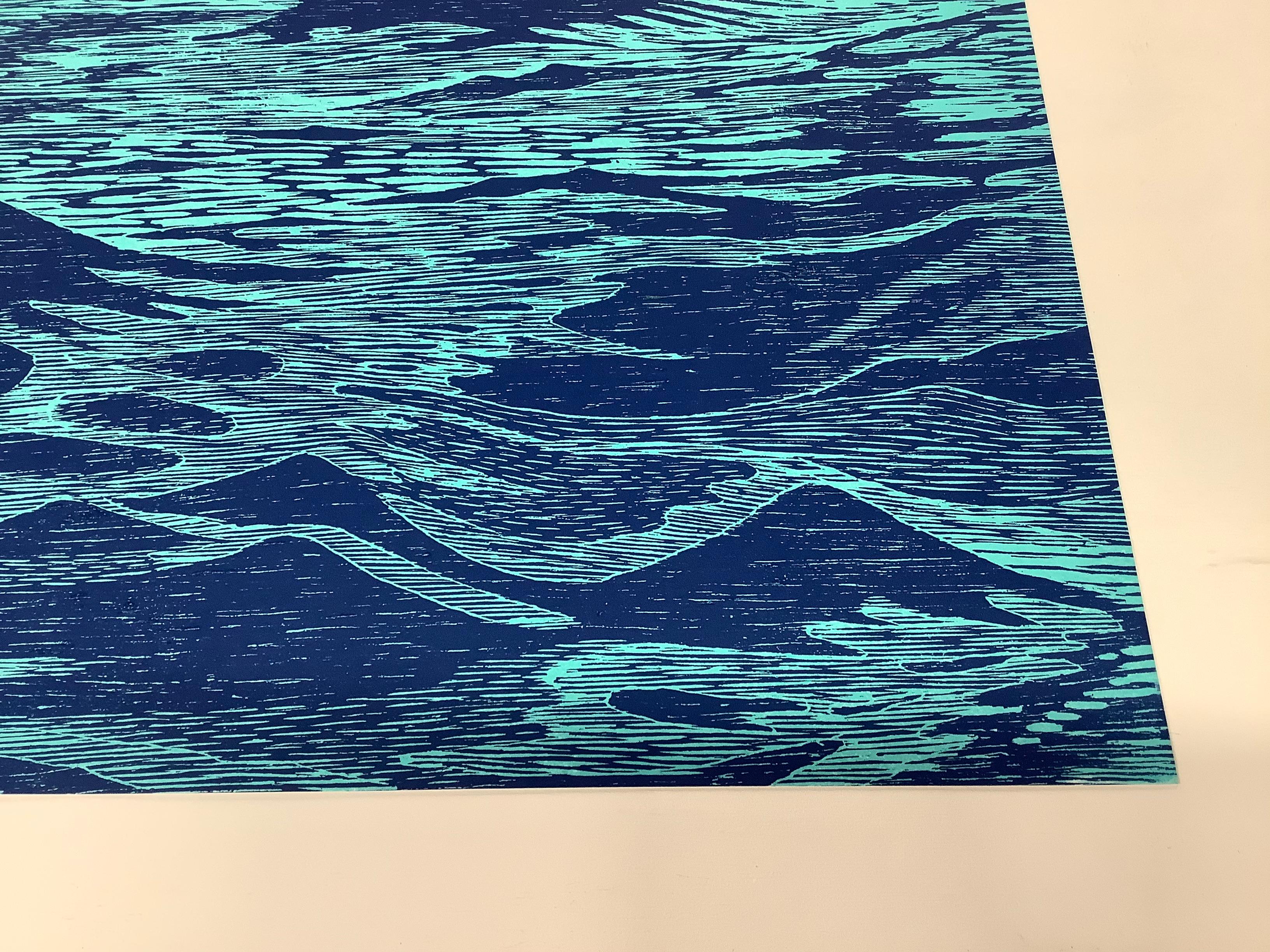 Big Seascape XII Left, Ocean Waves Woodcut Print in Shades of Blue 1