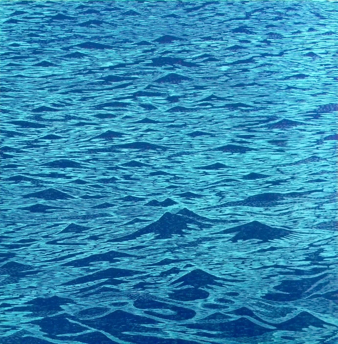 Big Seascape XII Left - Ocean Waves Woodcut Print Blue, 2015