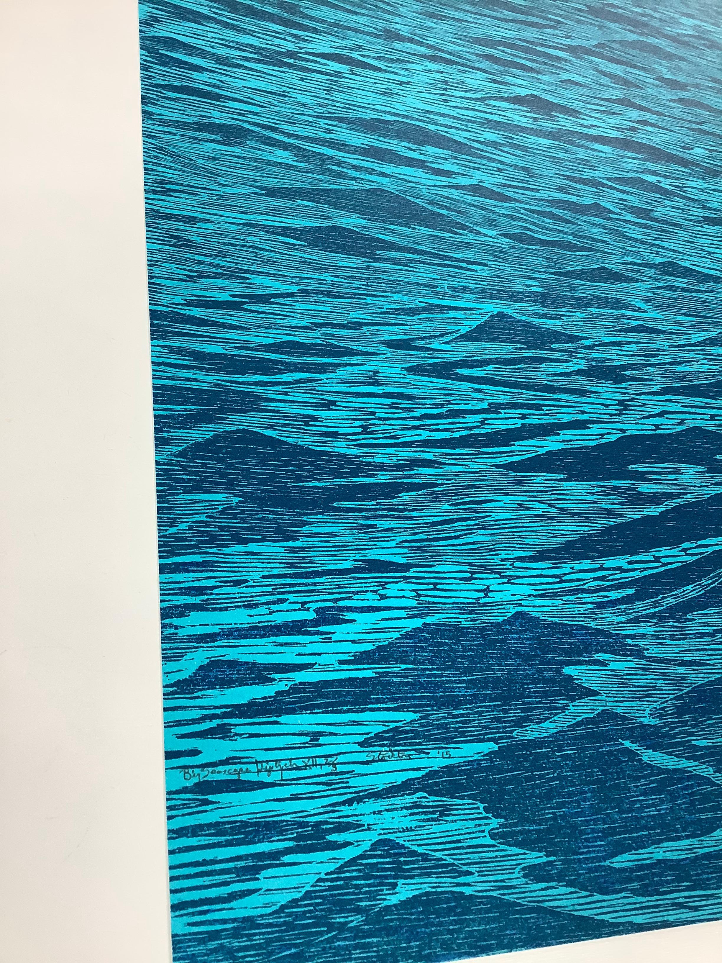 Big Seascape XII Left - Ocean Waves, Holzschnittdruck in Blautönen, Big Seascape XII, 2015 im Angebot 7