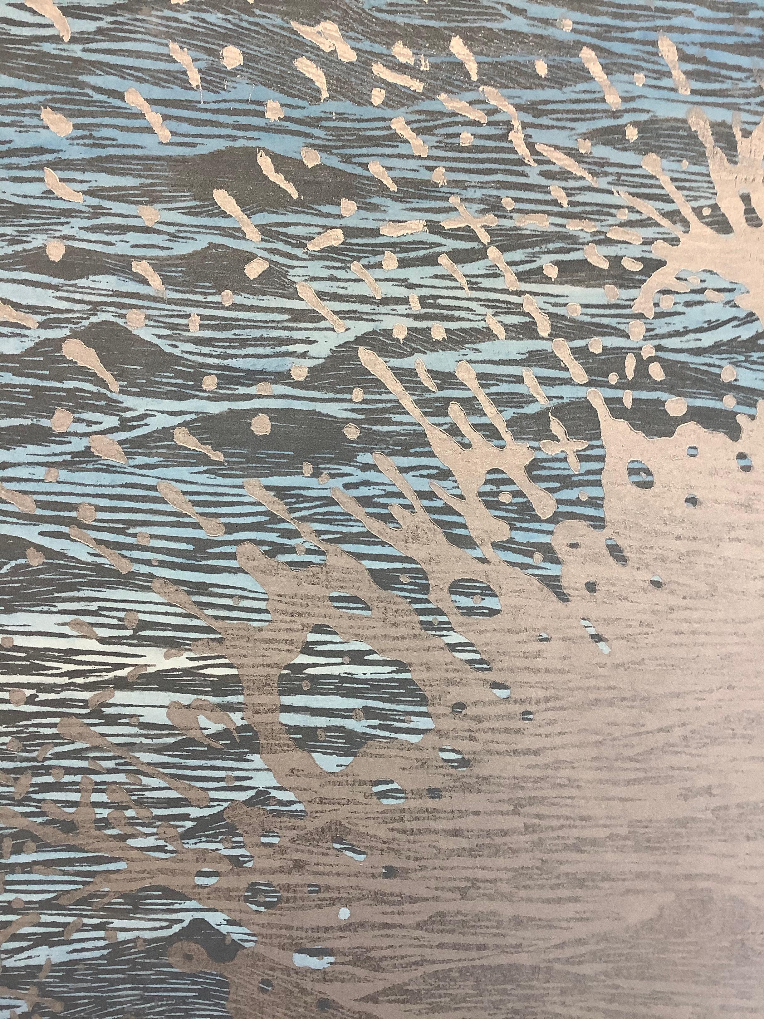 Burst Seascape Diptych 25, Woodcut Prints with Waves in Light Blue and Silver 7