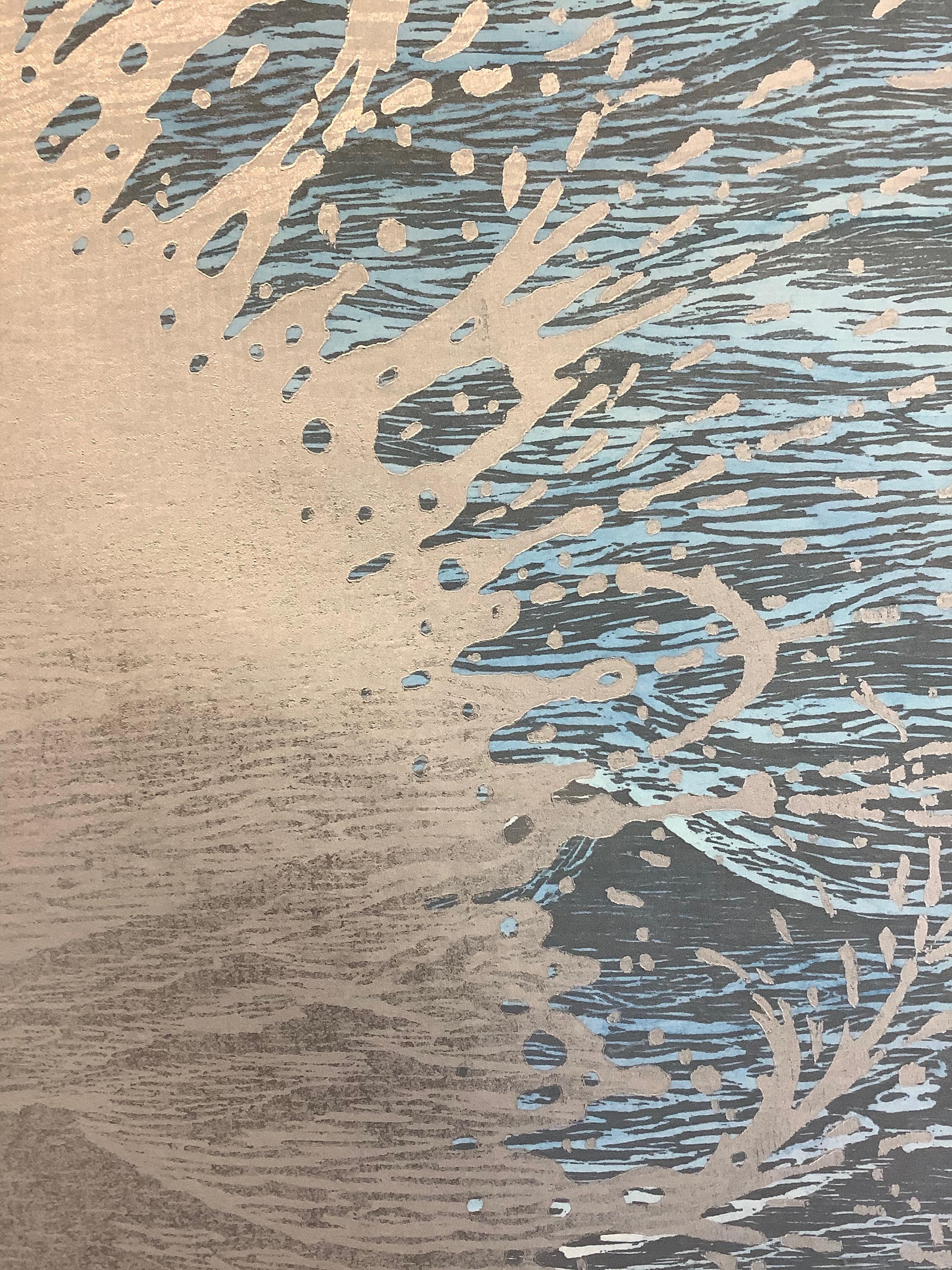 Burst Seascape Diptych 25, Woodcut Prints with Waves in Light Blue and Silver 8