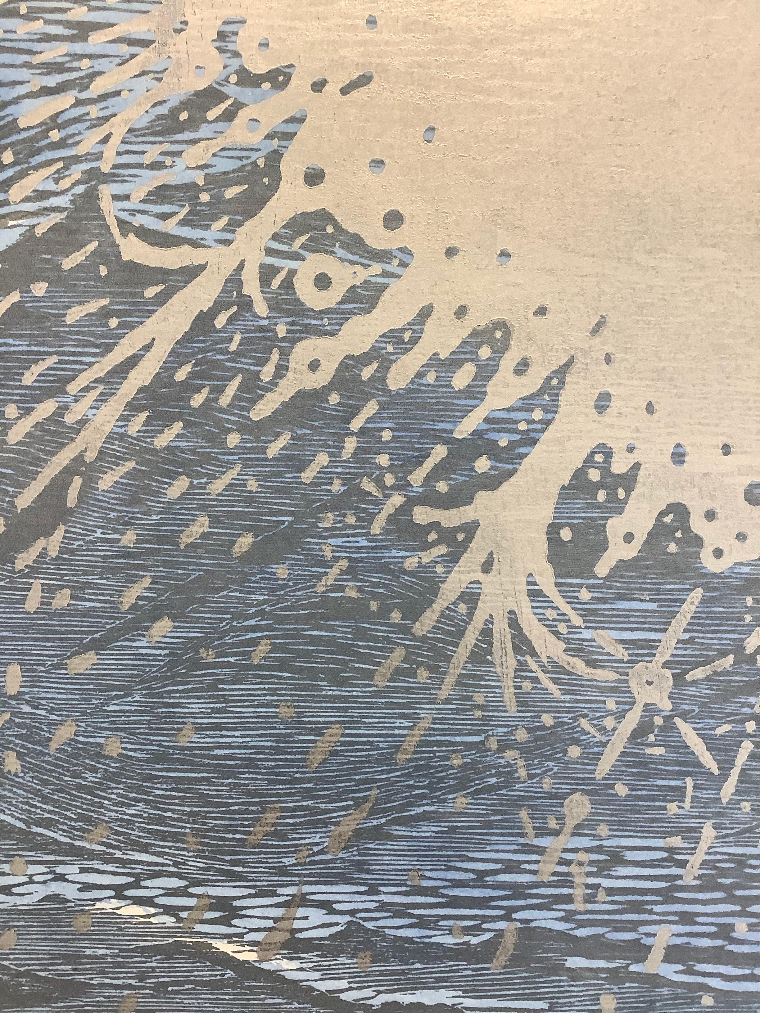 Burst Seascape Diptych 25, Woodcut Prints with Waves in Light Blue and Silver 9