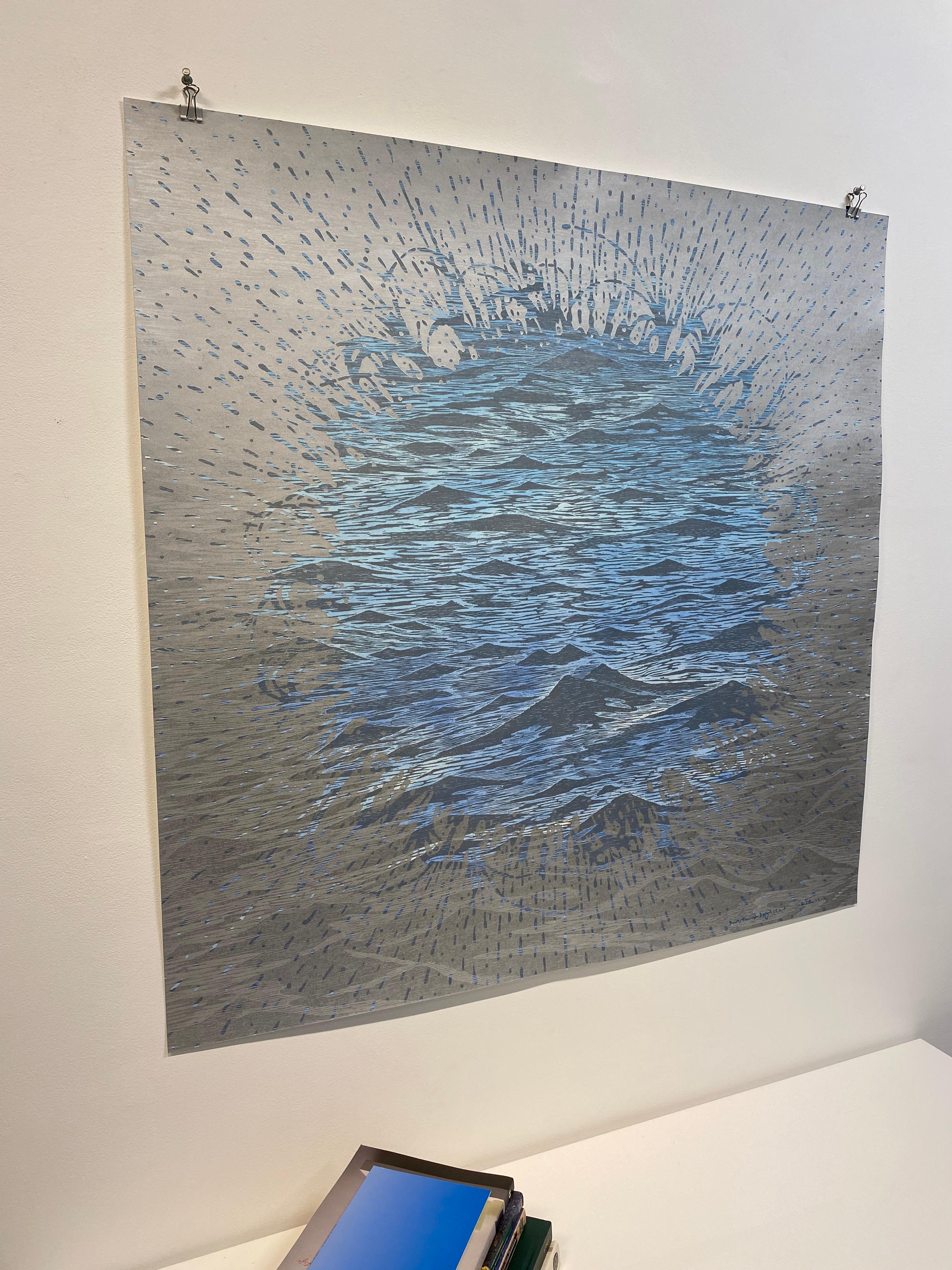 Burst Seascape Diptych 25, Woodcut Prints with Waves in Light Blue and Silver - Gray Landscape Print by Eve Stockton