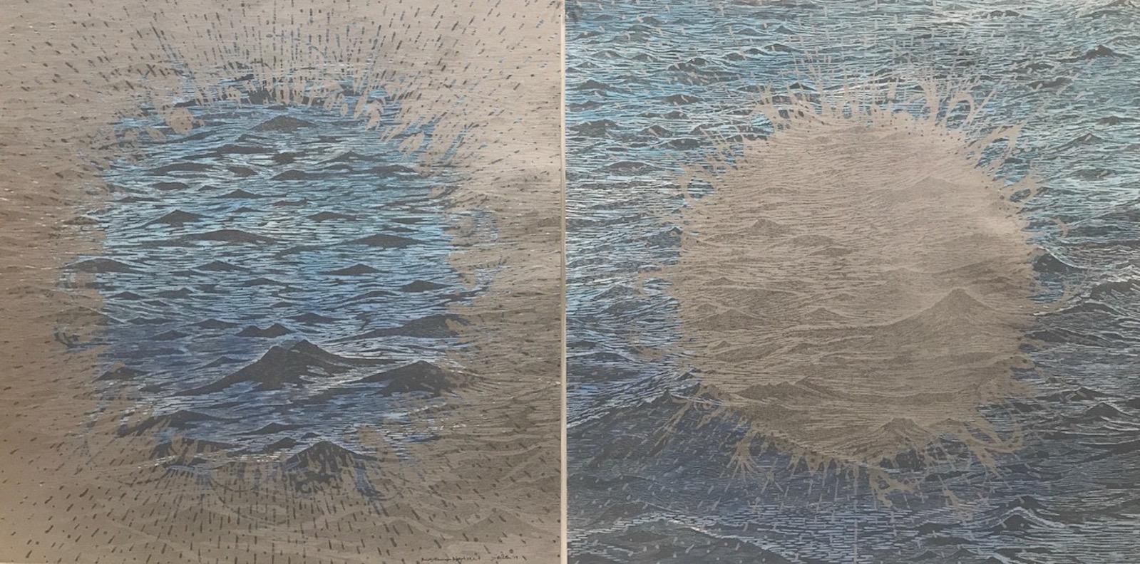 Eve Stockton Landscape Print - Burst Seascape Diptych 25, Woodcut Prints with Waves in Light Blue and Silver