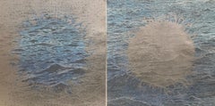 Burst Seascape Diptych 25, Woodcut Prints with Waves in Light Blue and Silver