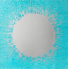 Burst Variation 15, Abstract Woodcut Print Metallic Silver Bright Turquoise Blue