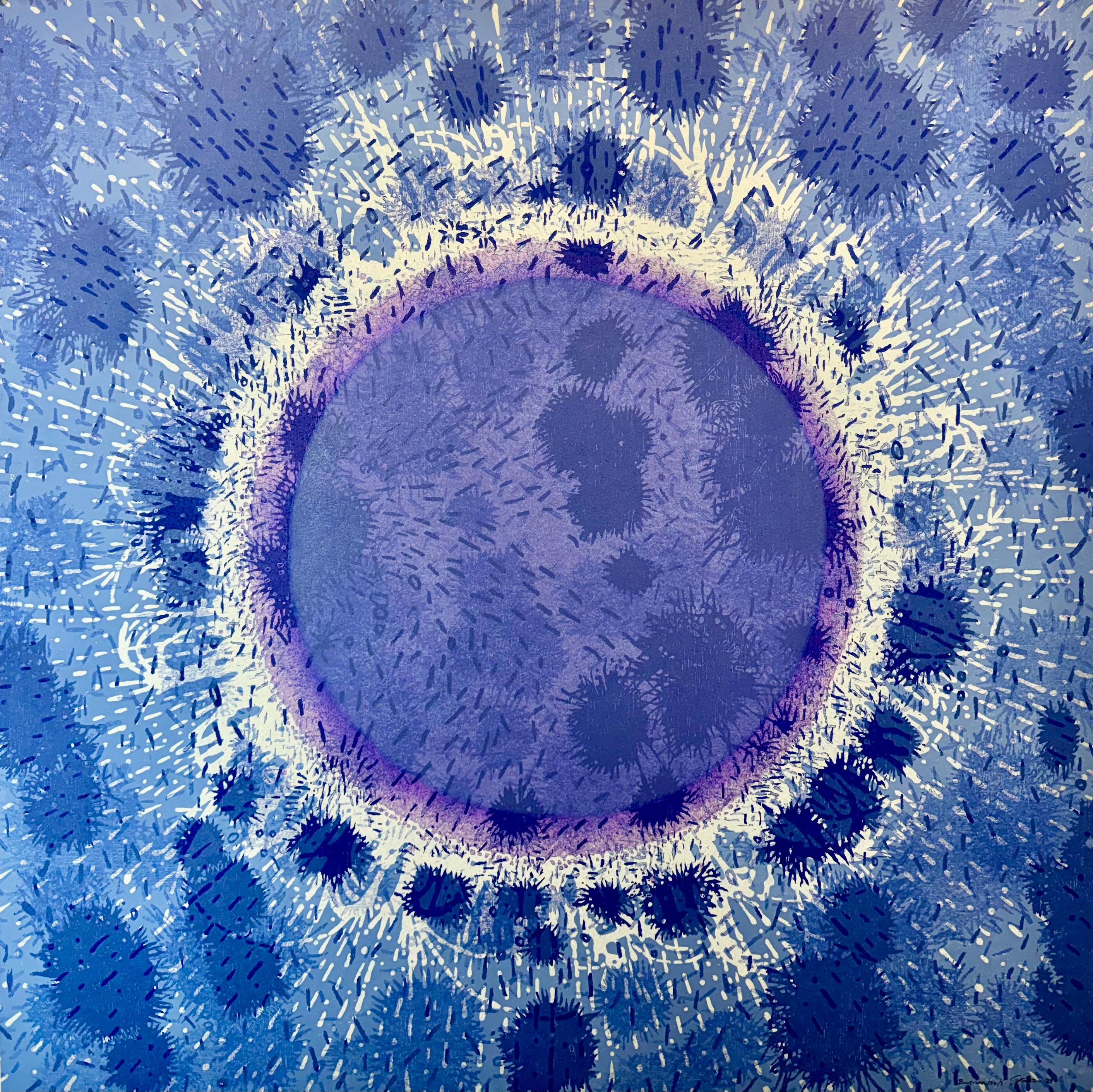 Burst Variation 156 - Abstract Woodcut Print Circle Pattern Blue, 2025