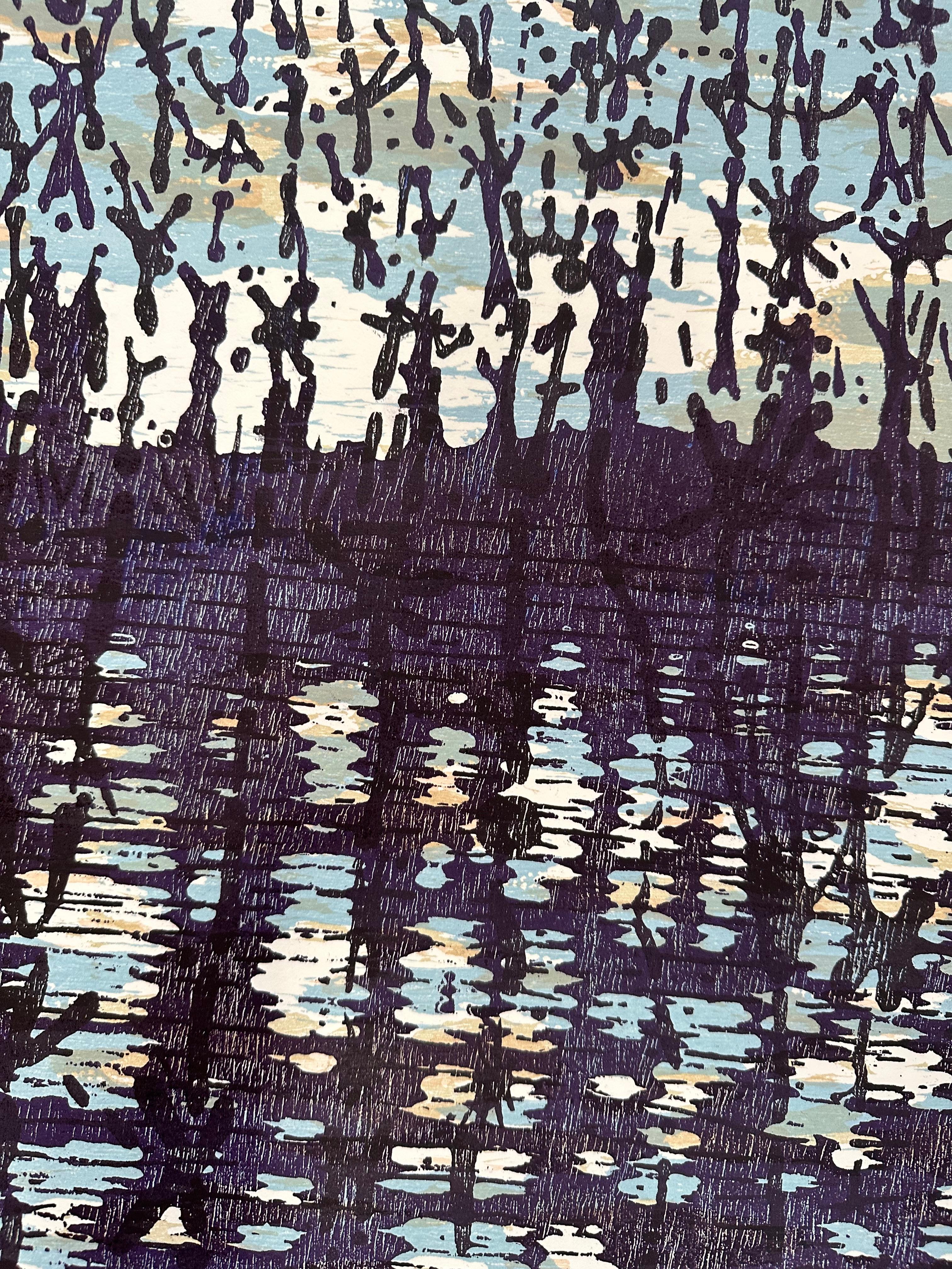 Nuvola Alberi Variazione Tre Ruscello, Foresta, Nuvole Grigie Cielo Blu, Alberi Melanzana in vendita 1