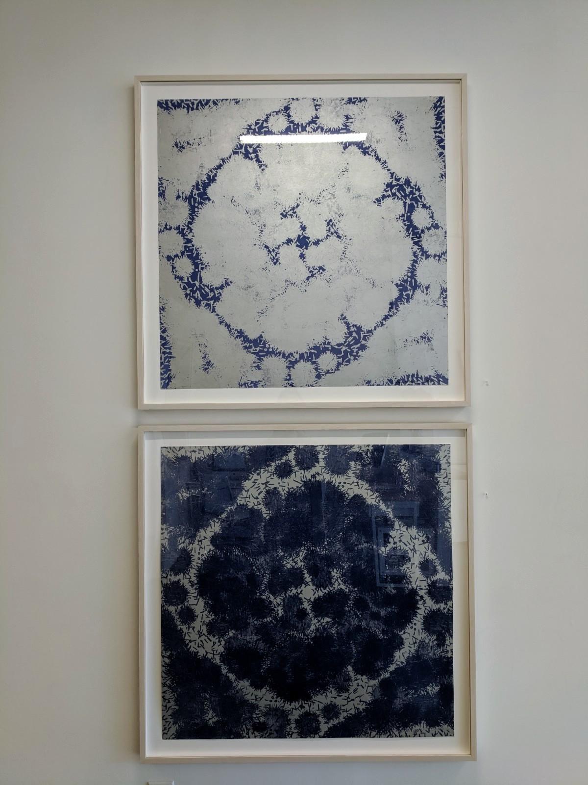Cluster XI Three, Woodcut Print, Abstract Pattern in Navy Blue, Metallic Silver - Purple Abstract Print by Eve Stockton
