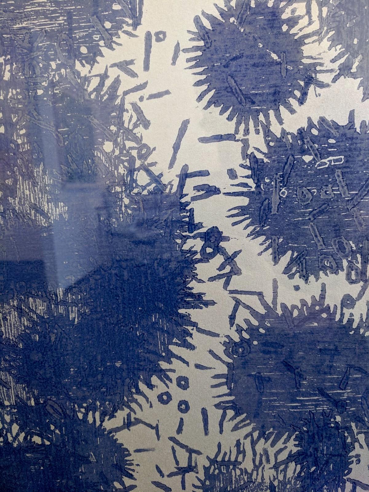 Cluster XI Three, Woodcut Print, Abstract Pattern in Navy Blue, Metallic Silver For Sale 1