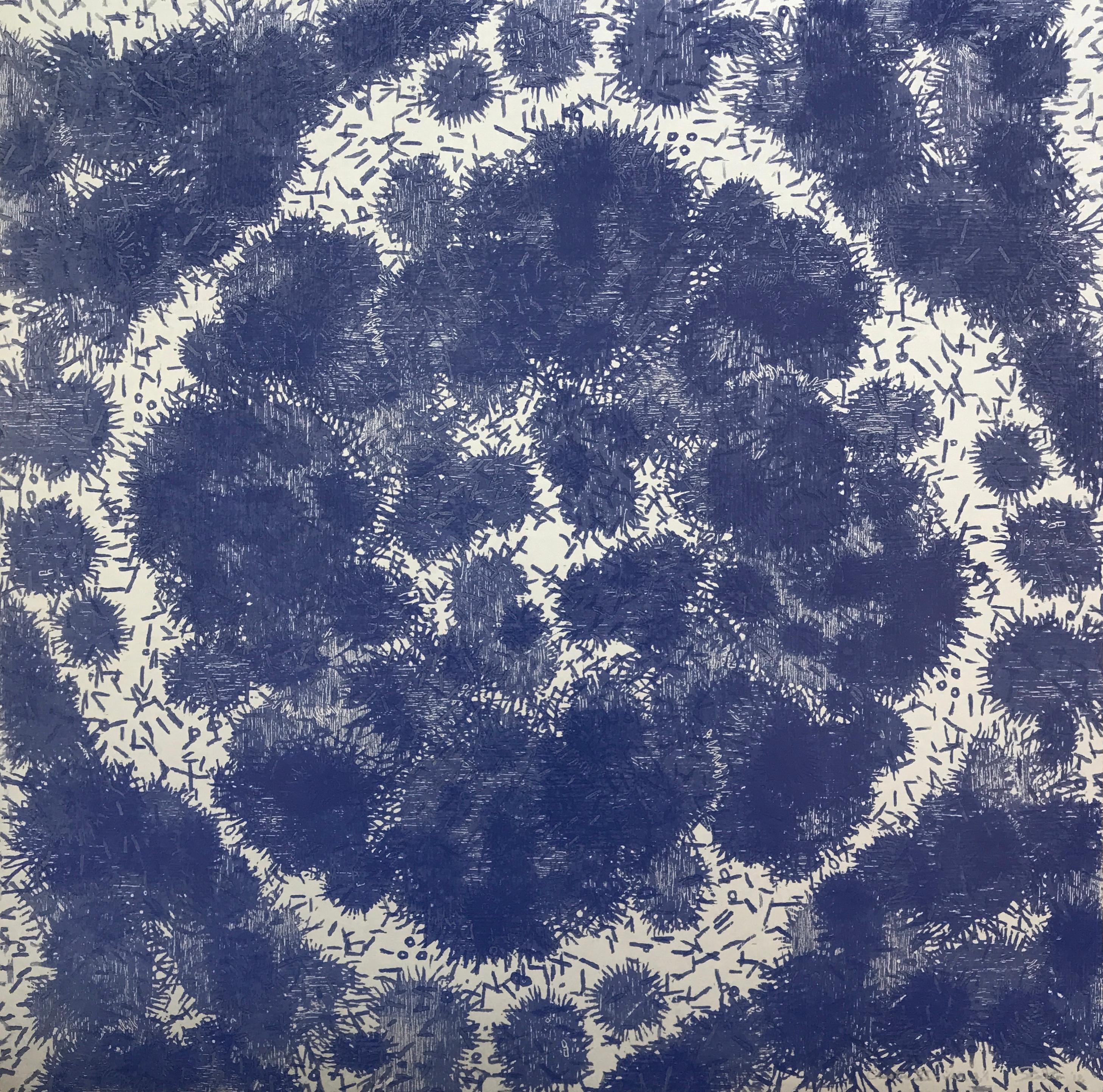 Cluster XI Three, Woodcut Print with Abstract Pattern in Navy Blue on Silver