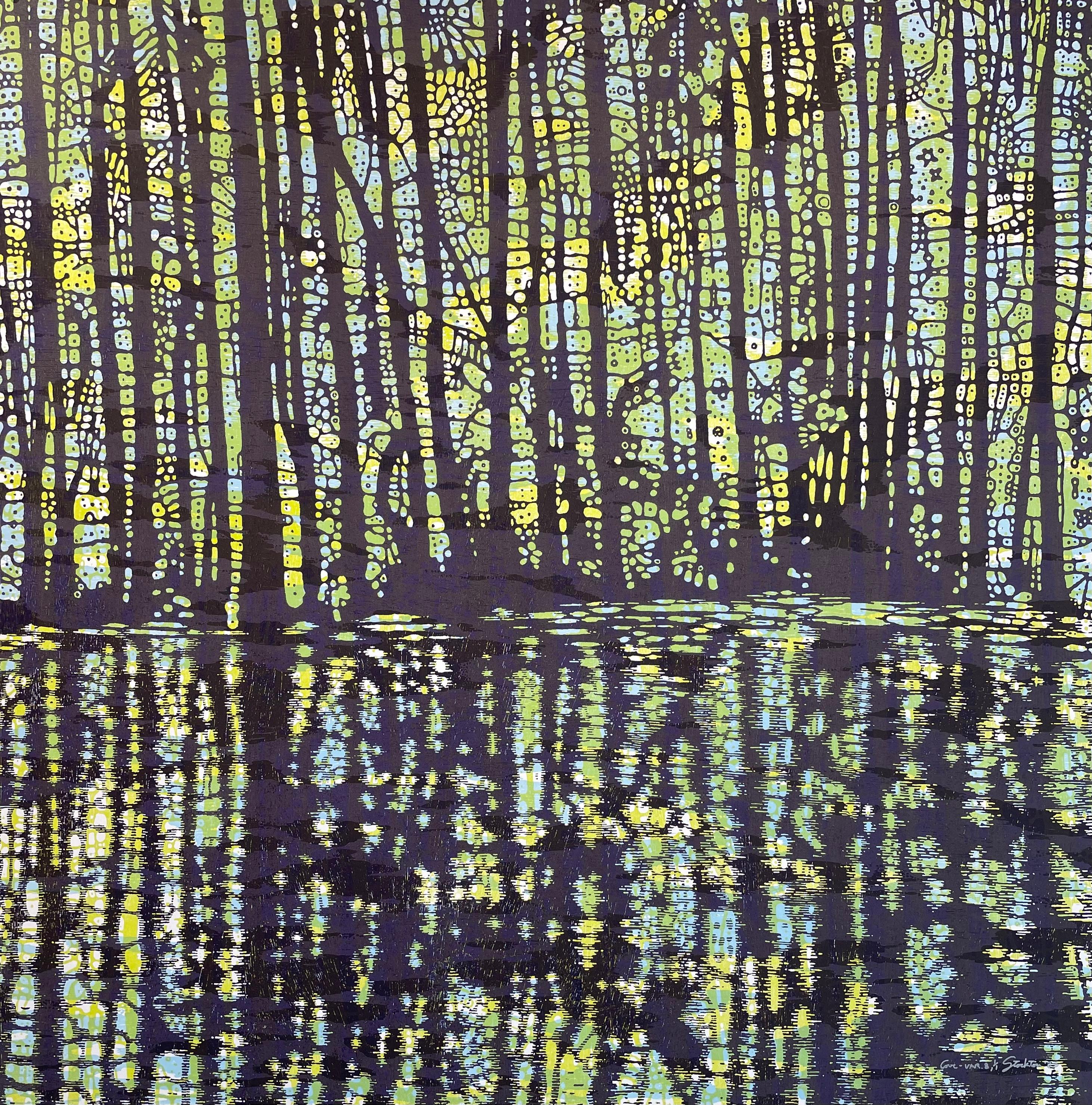 Cala Variación Ocho, Árboles, Agua, Verde Lima, Azul Cielo, Violeta Oscuro Bosque