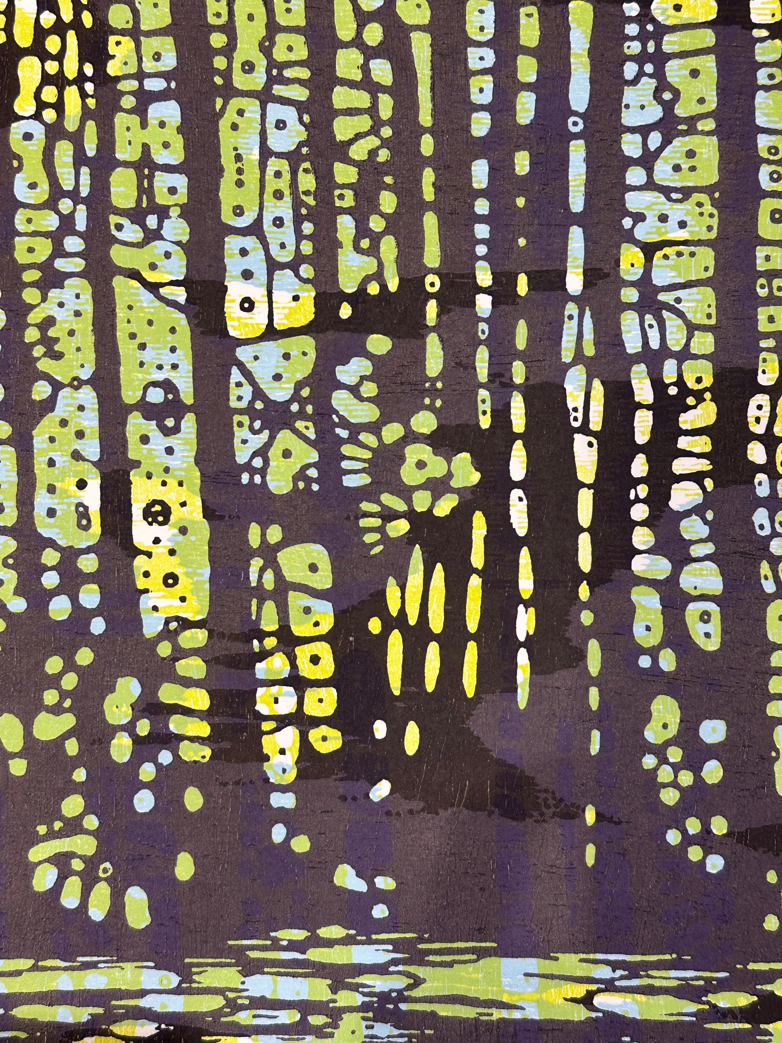 Cove Variation Eight, Trees, Water, Lime Green, Sky Blue, Dark Violet Landscape - Print by Eve Stockton