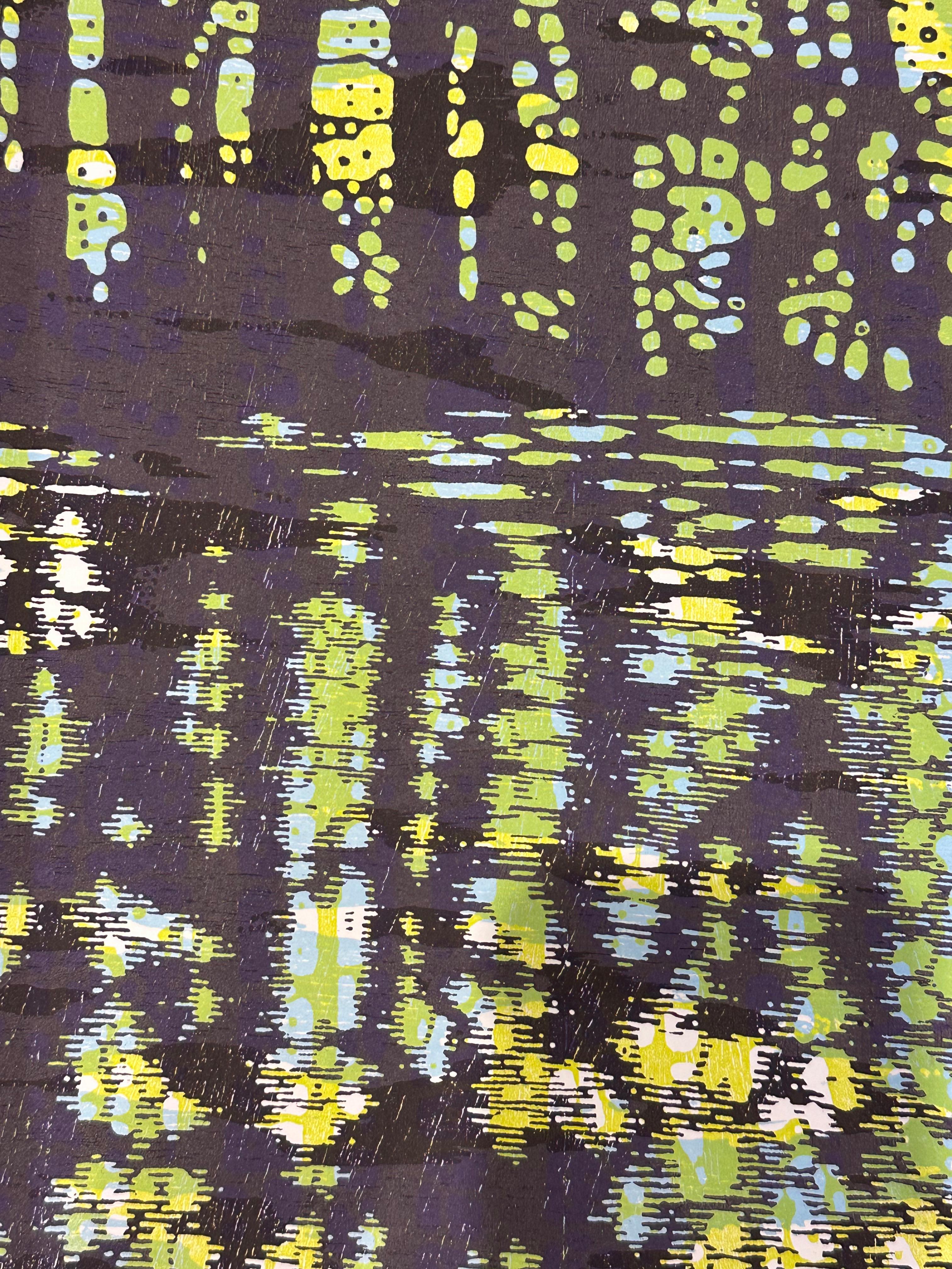 Cove Variation Eight, Trees, Water, Lime Green, Sky Blue, Dark Violet Landscape - Black Landscape Print by Eve Stockton