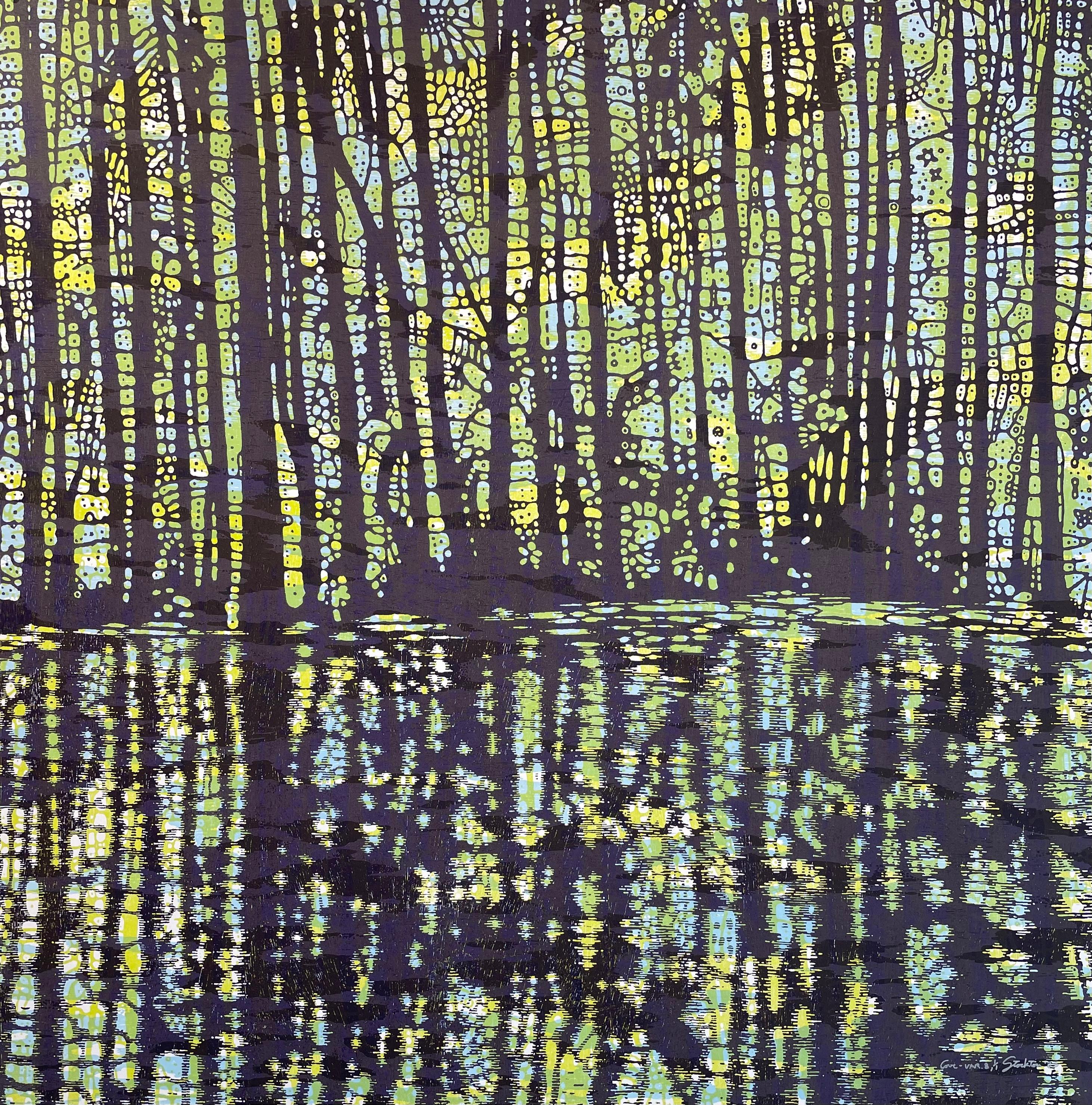 Eve Stockton Landscape Print - Cove Variation Eight, Trees, Water, Lime Green, Sky Blue, Dark Violet Landscape
