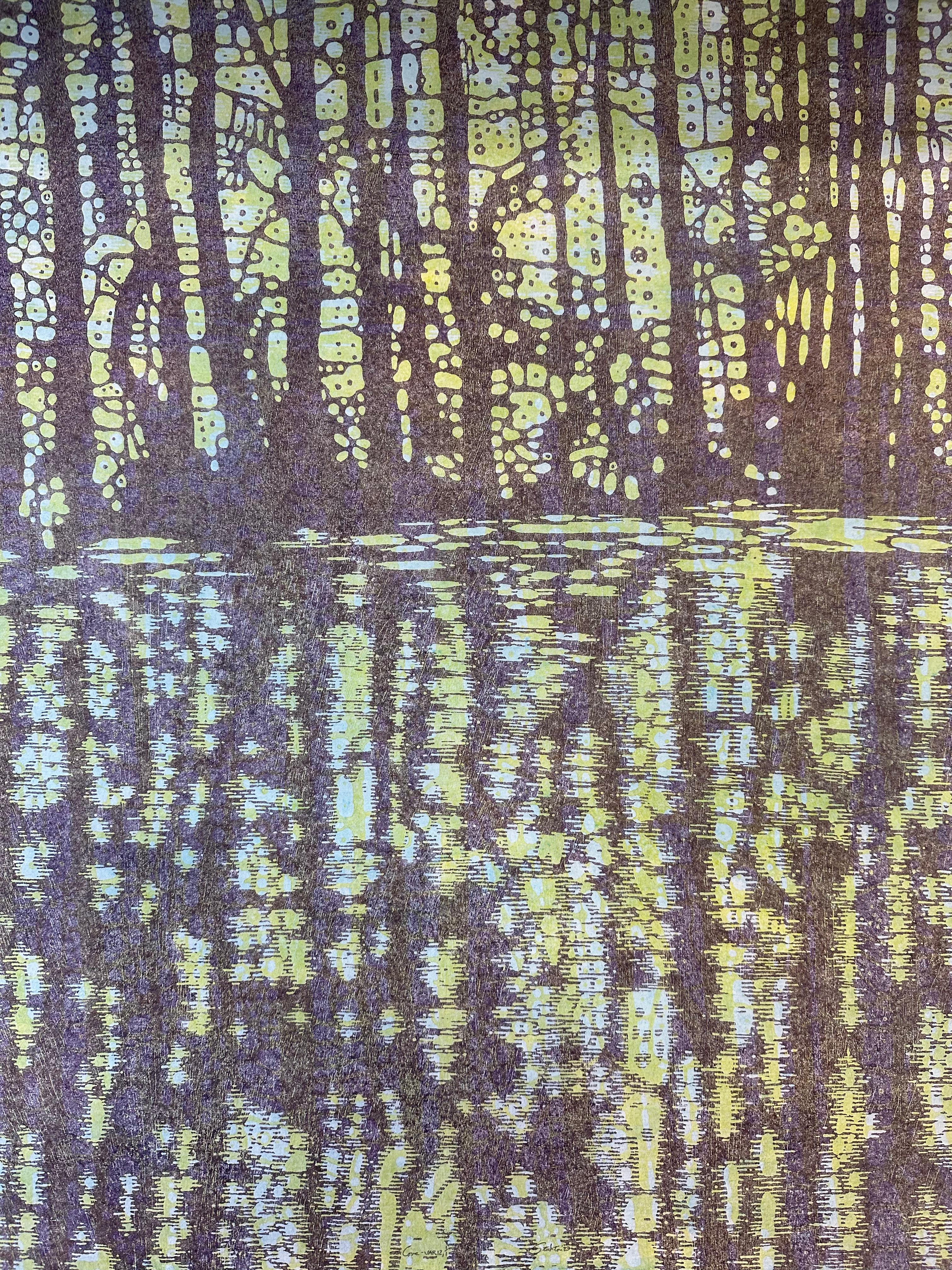 Cette gravure sur papier évoque la tranquillité d'une vue sur un ruisseau et un bosquet d'arbres dans une forêt, dans des tons de jaune clair, de bleu gris ciel très pâle et de violet lavande doux. Le monotype rappelle la tradition de l'imprimerie