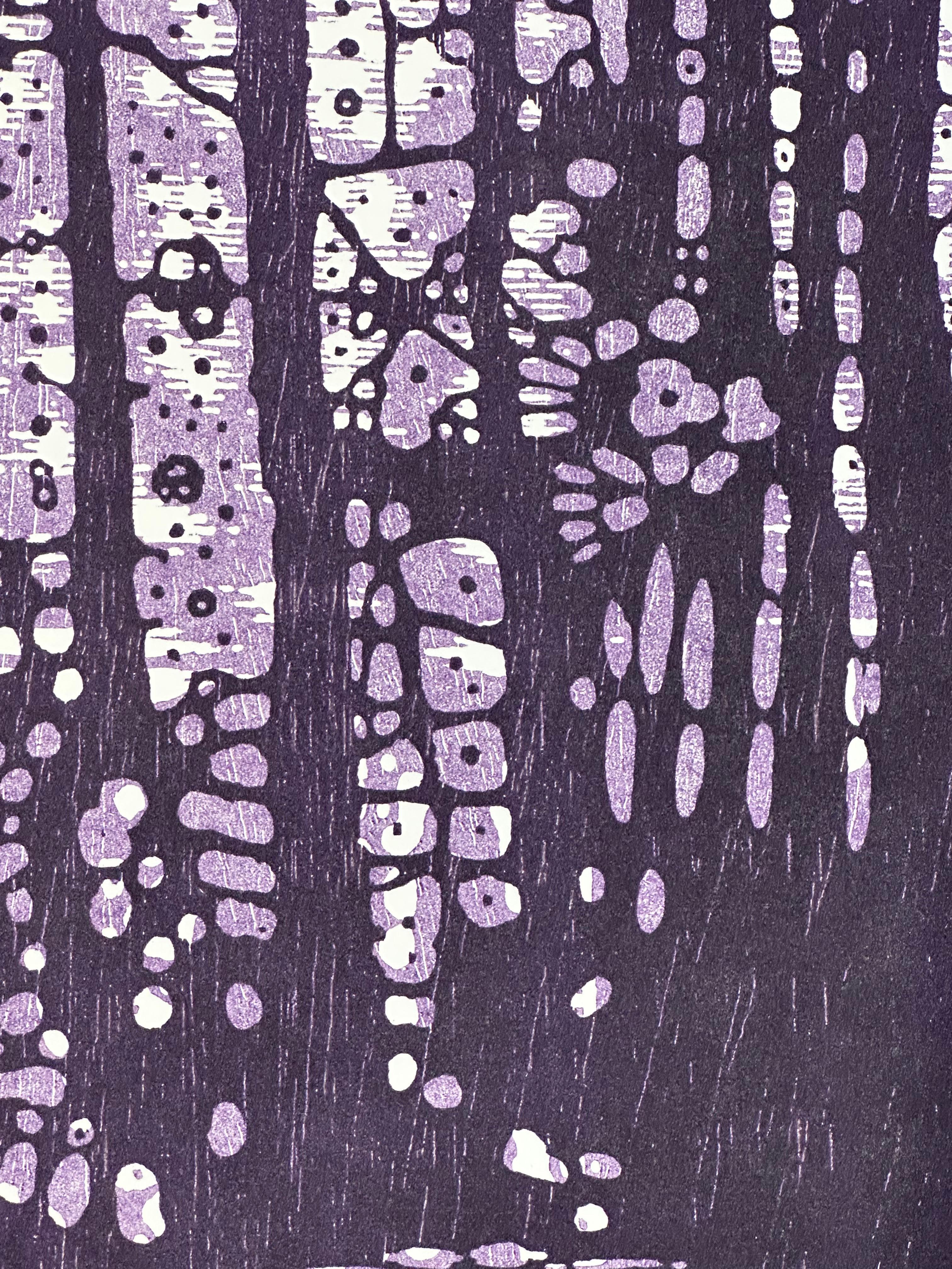 Cove Variation Two, Trees, Water, Gray, Lilac, Iris Violet Landscape - Black Landscape Print by Eve Stockton