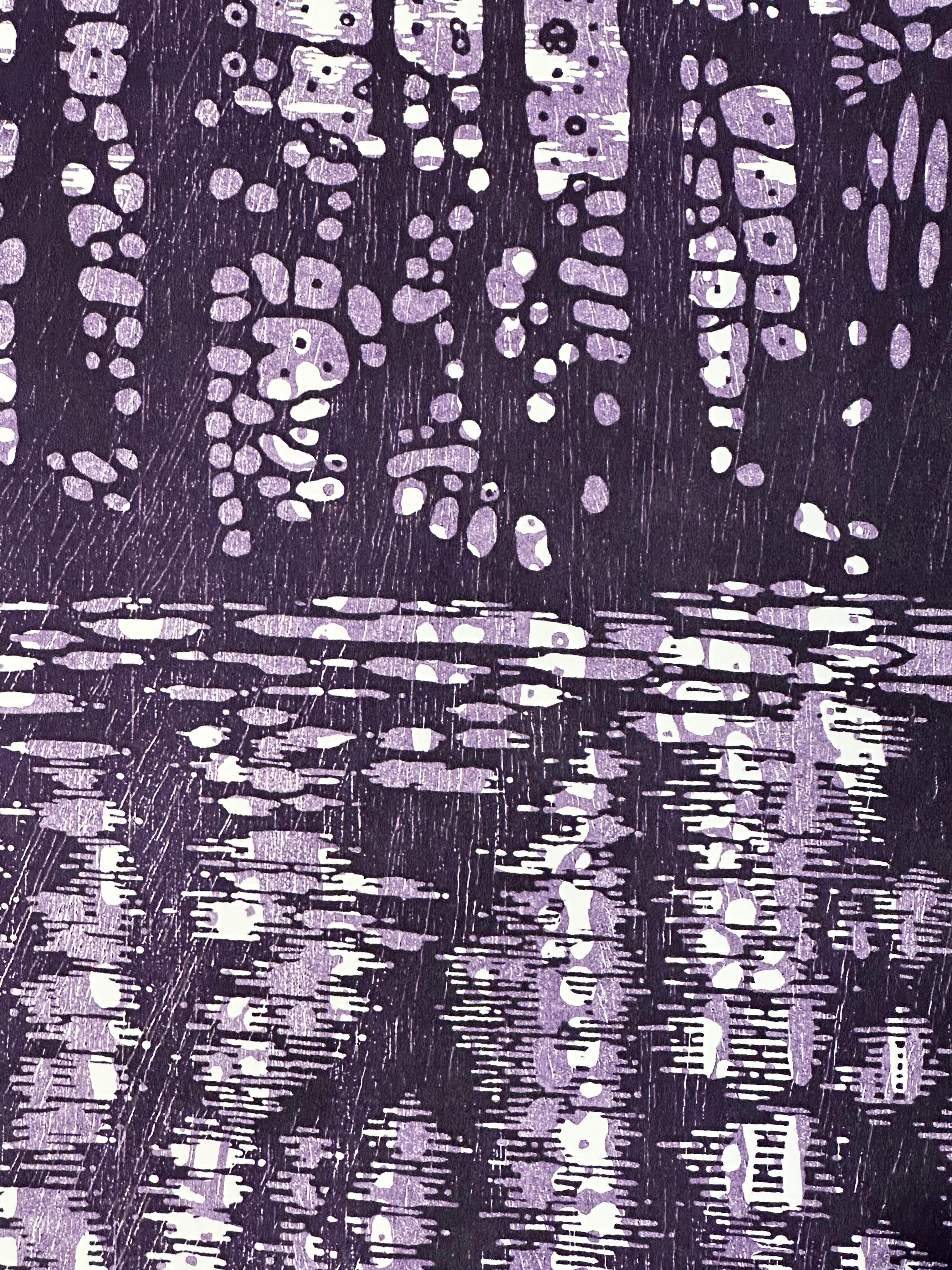 This square woodcut print on paper evokes the peacefulness of looking across a stream towards a thicket of trees in a forest in shades of violet, from lilac to dark eggplant. The monotype brings to mind the tradition of Japanese printing while being