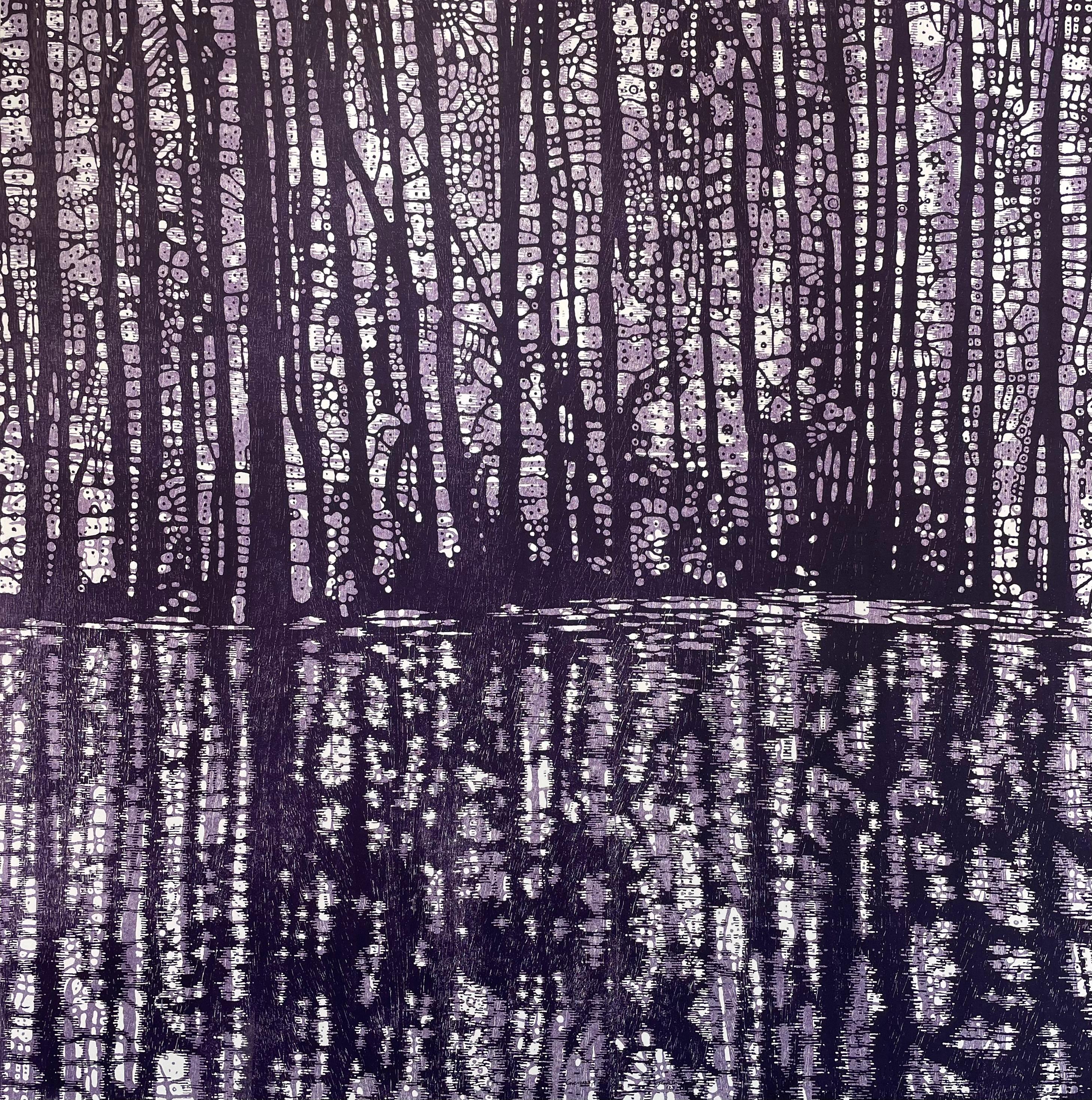 Eve Stockton Landscape Print - Cove Variation Two, Trees, Water, Gray, Lilac, Iris Violet Landscape