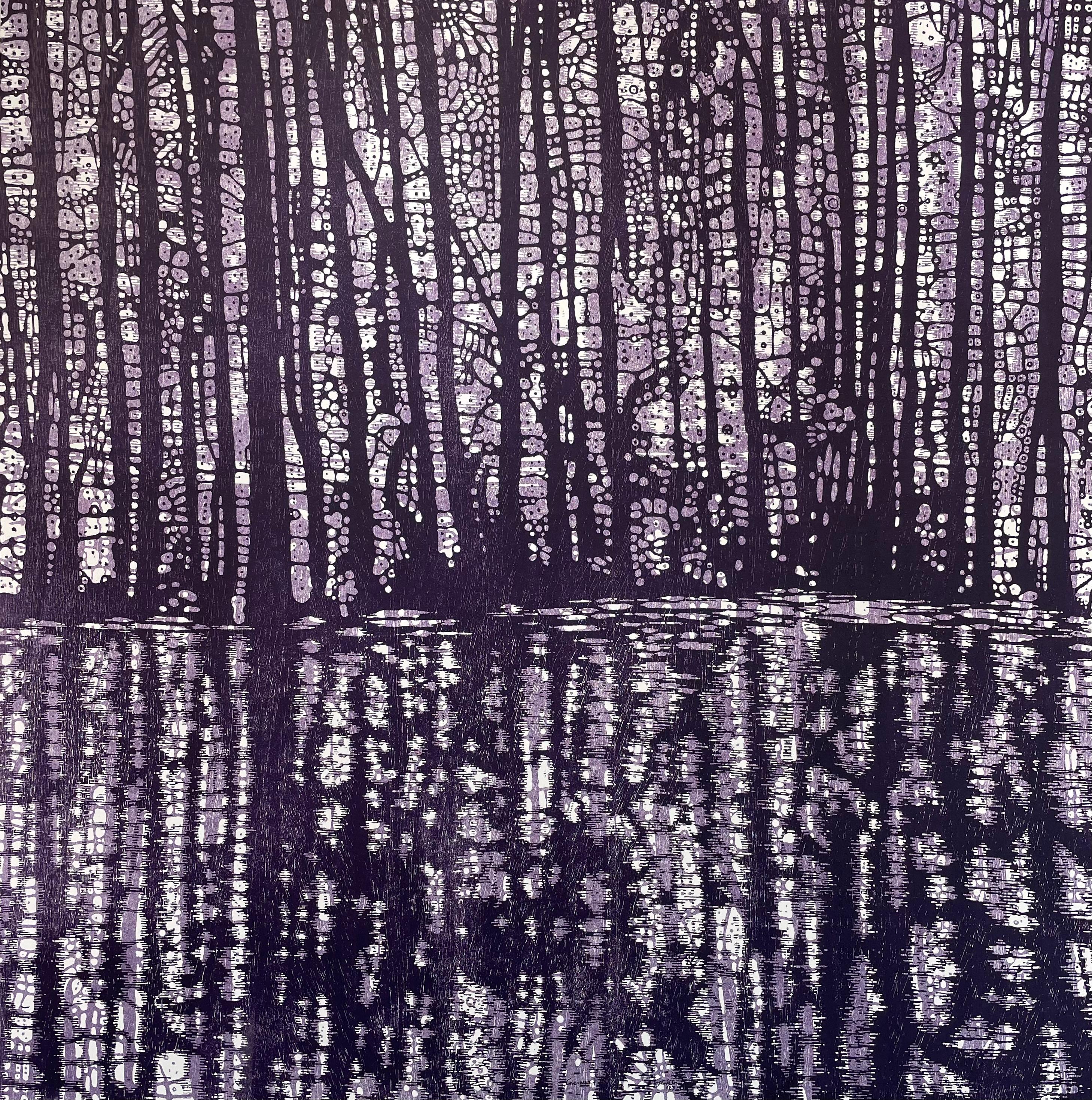Cala Variación Dos, Árboles, Agua, Gris, Lila, Iris Violeta Paisaje