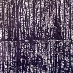 Cove Variation Two, Trees, Water, Gray, Lilac, Iris Violet Landscape