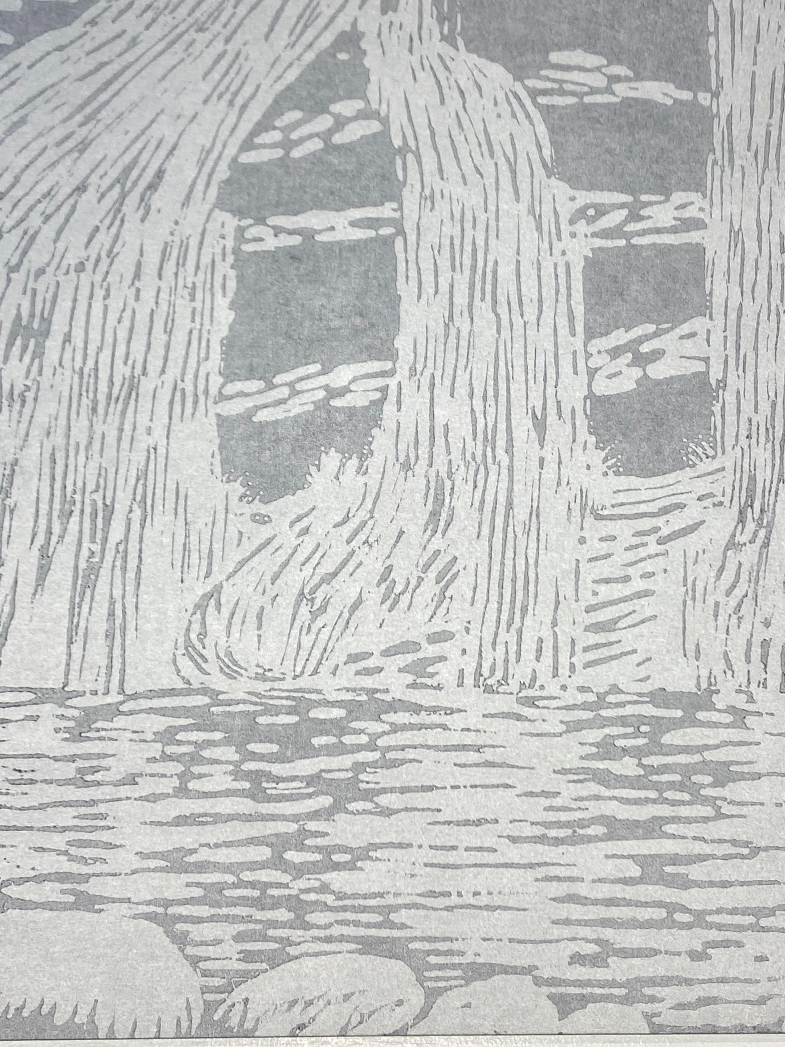 Falls Ten - Contemporary Waterfall Landscape Silver Pale Grey Blue Woodcut, 2022 (Zeitgenössisch), Print, von Eve Stockton