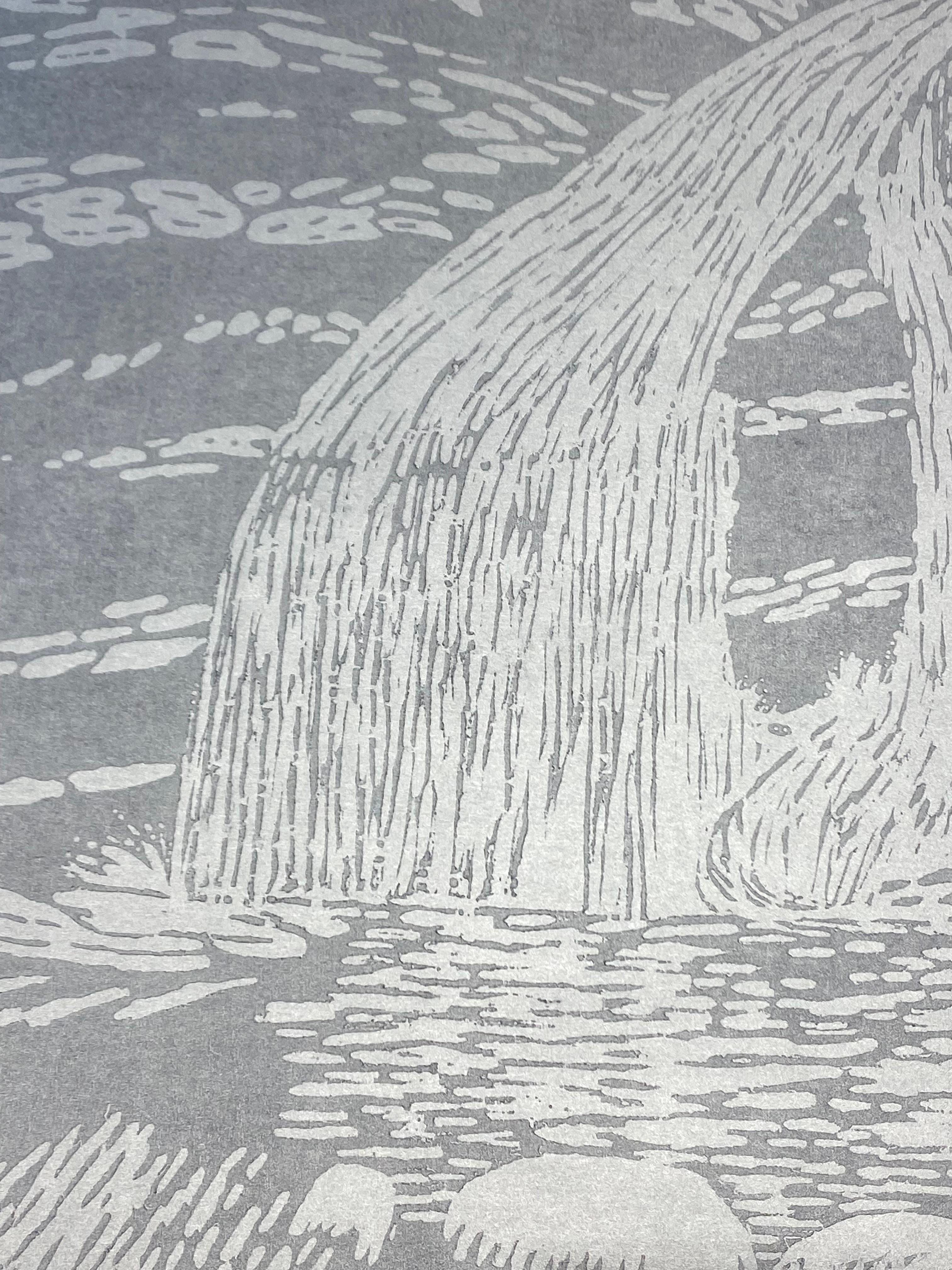 Falls Ten - Contemporary Waterfall Landscape Silver Pale Grey Blue Woodcut, 2022 (Grau), Landscape Print, von Eve Stockton