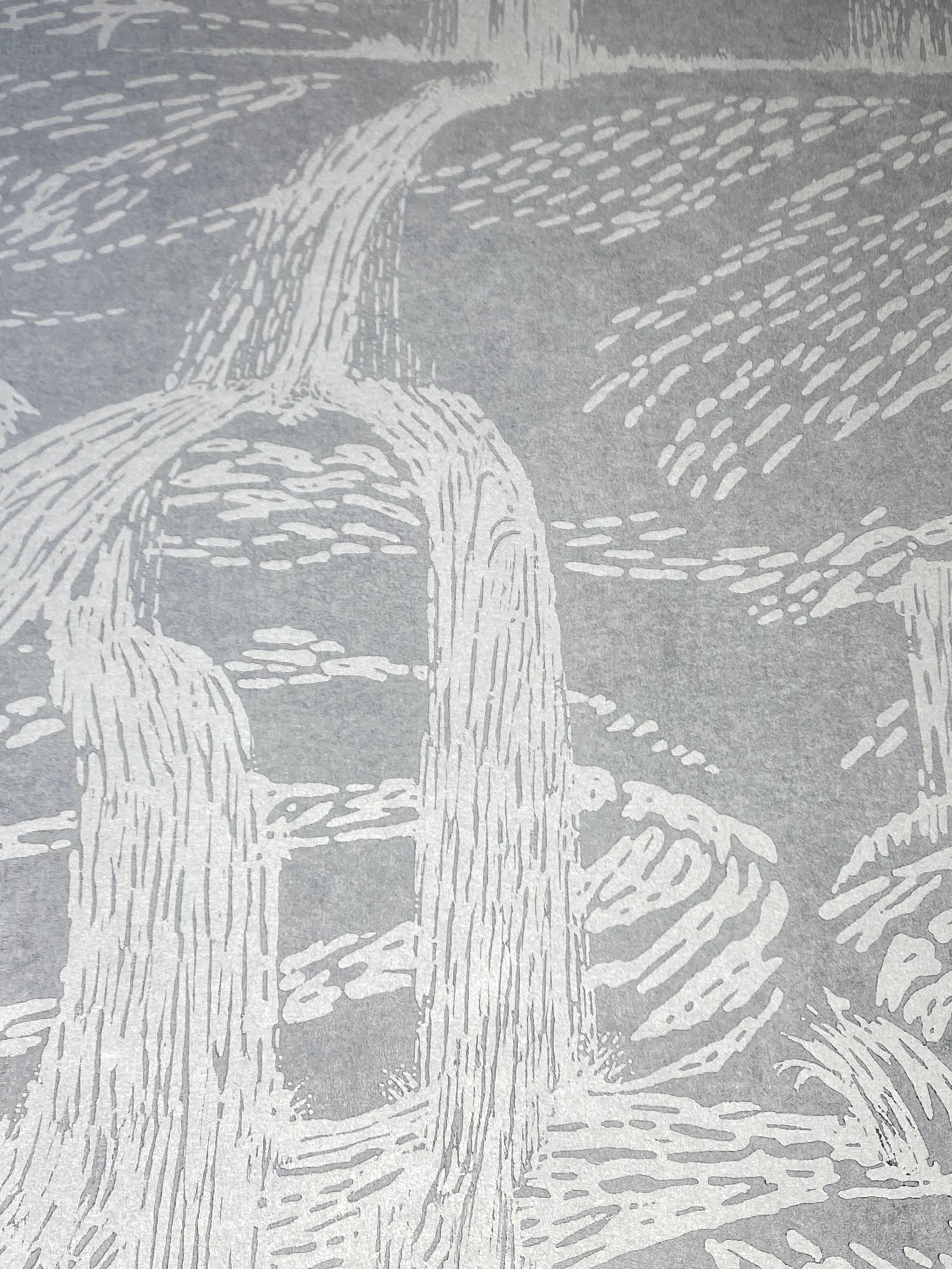 Falls Ten - Contemporary Waterfall Landscape Silver Pale Grey Blue Woodcut, 2022 im Angebot 1