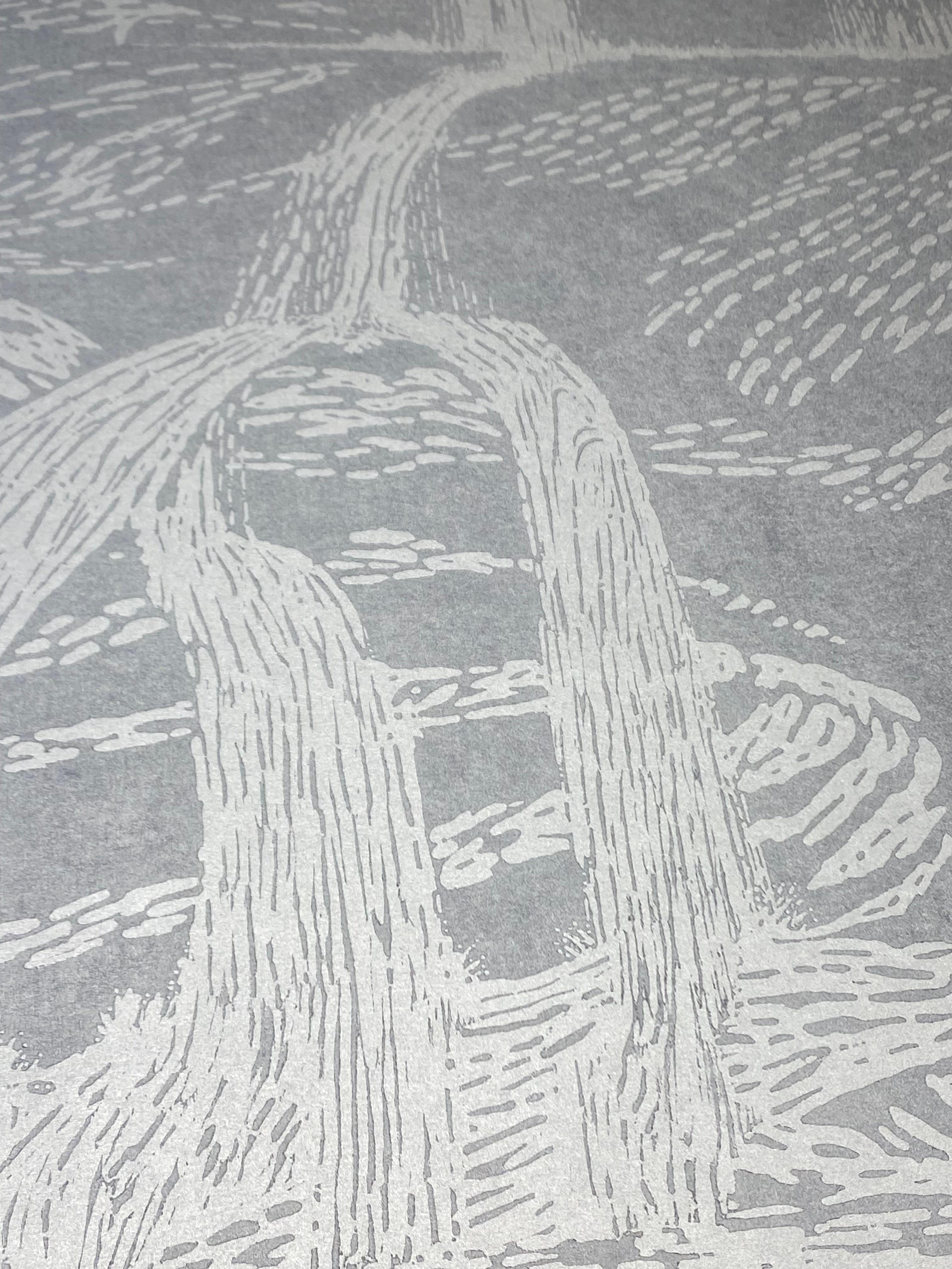 Falls Ten - Contemporary Waterfall Landscape Silver Pale Grey Blue Woodcut, 2022 im Angebot 4