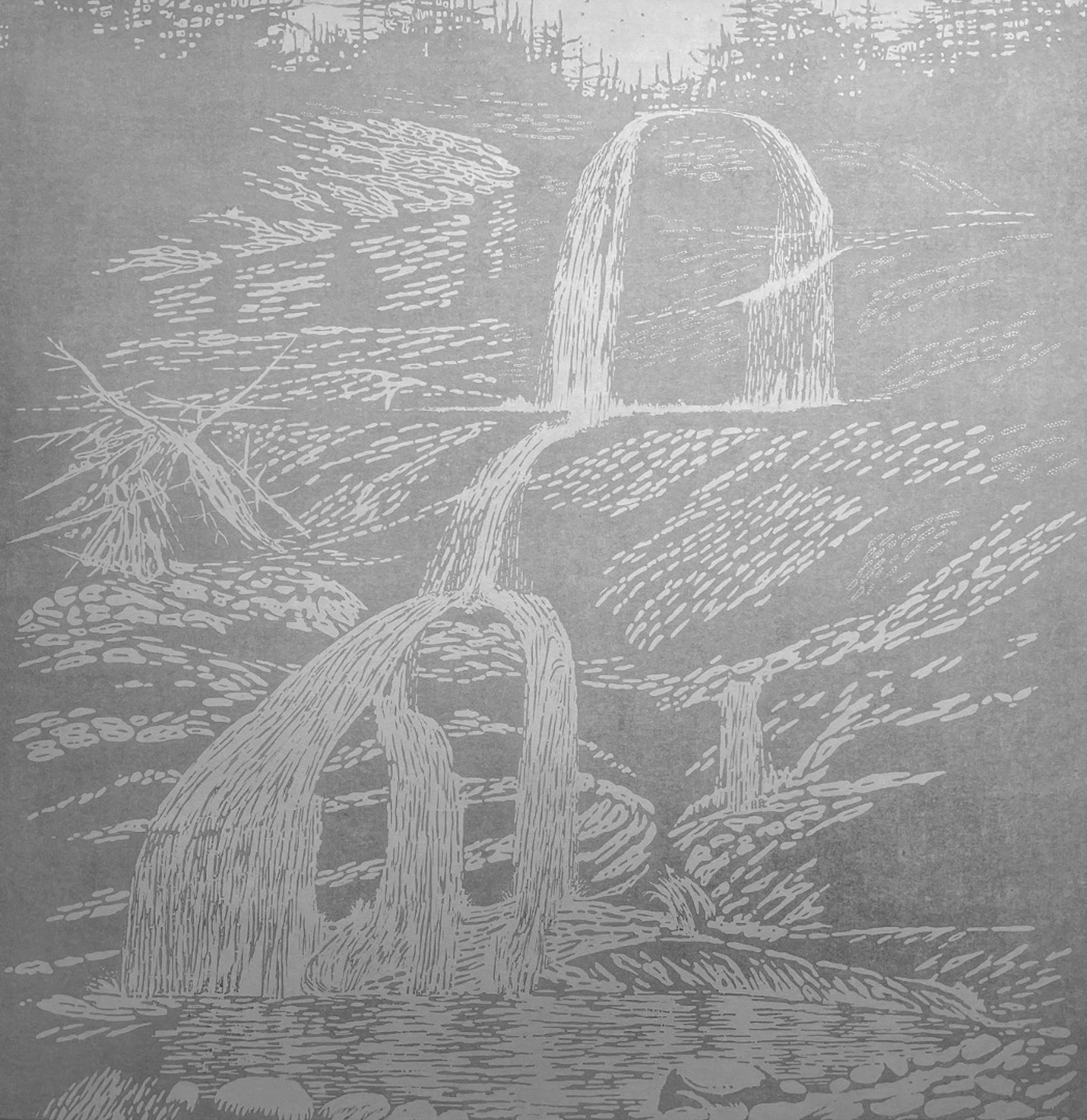 Landscape Print Eve Stockton - Falls Ten - Contemporary Waterfall Landscape Silver Pale Grey Blue Woodcut, 2022
