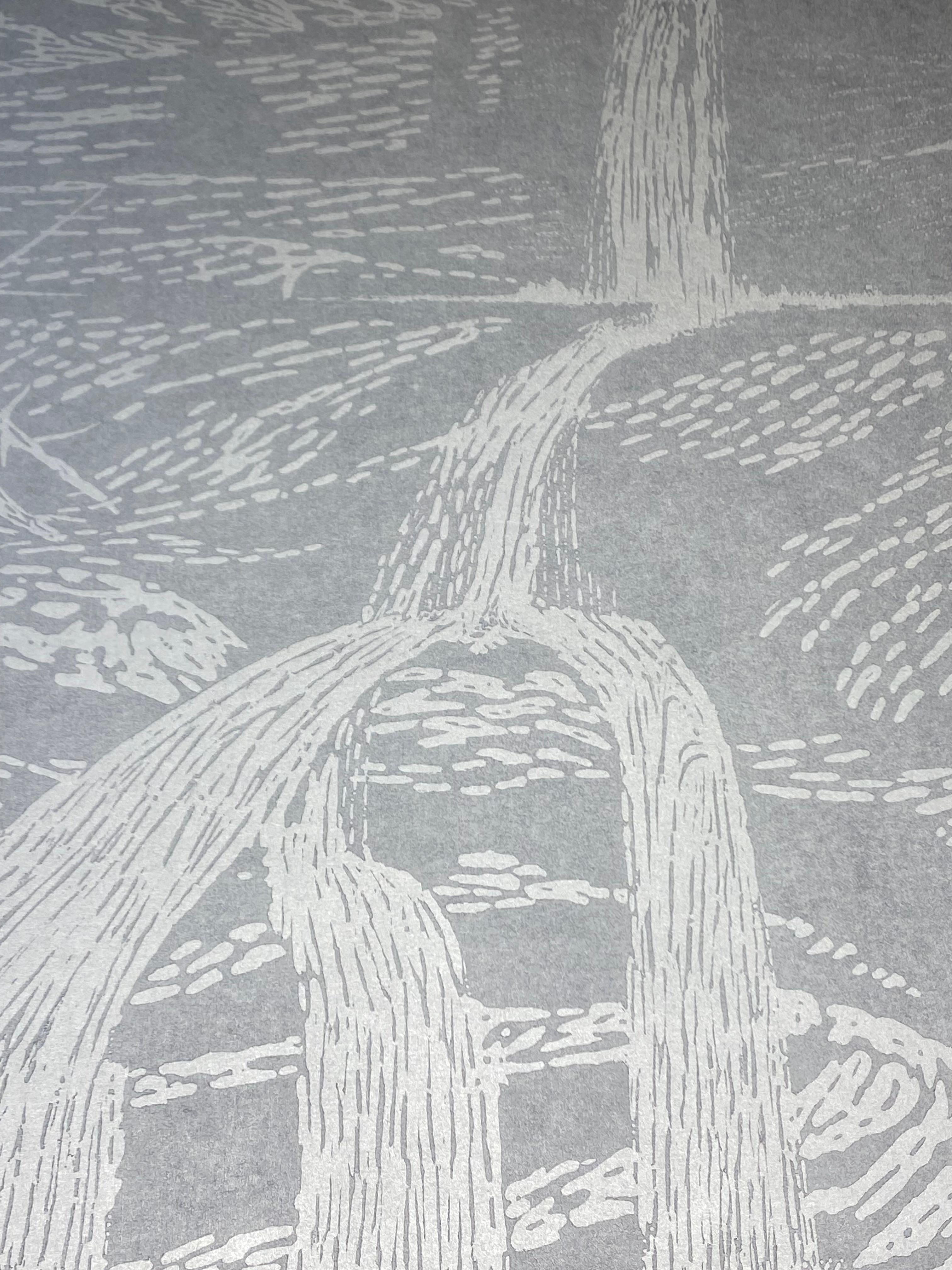 Falls Ten, Unique Woodcut Print, Waterfall in Silver and Pale Grey Blue For Sale 2