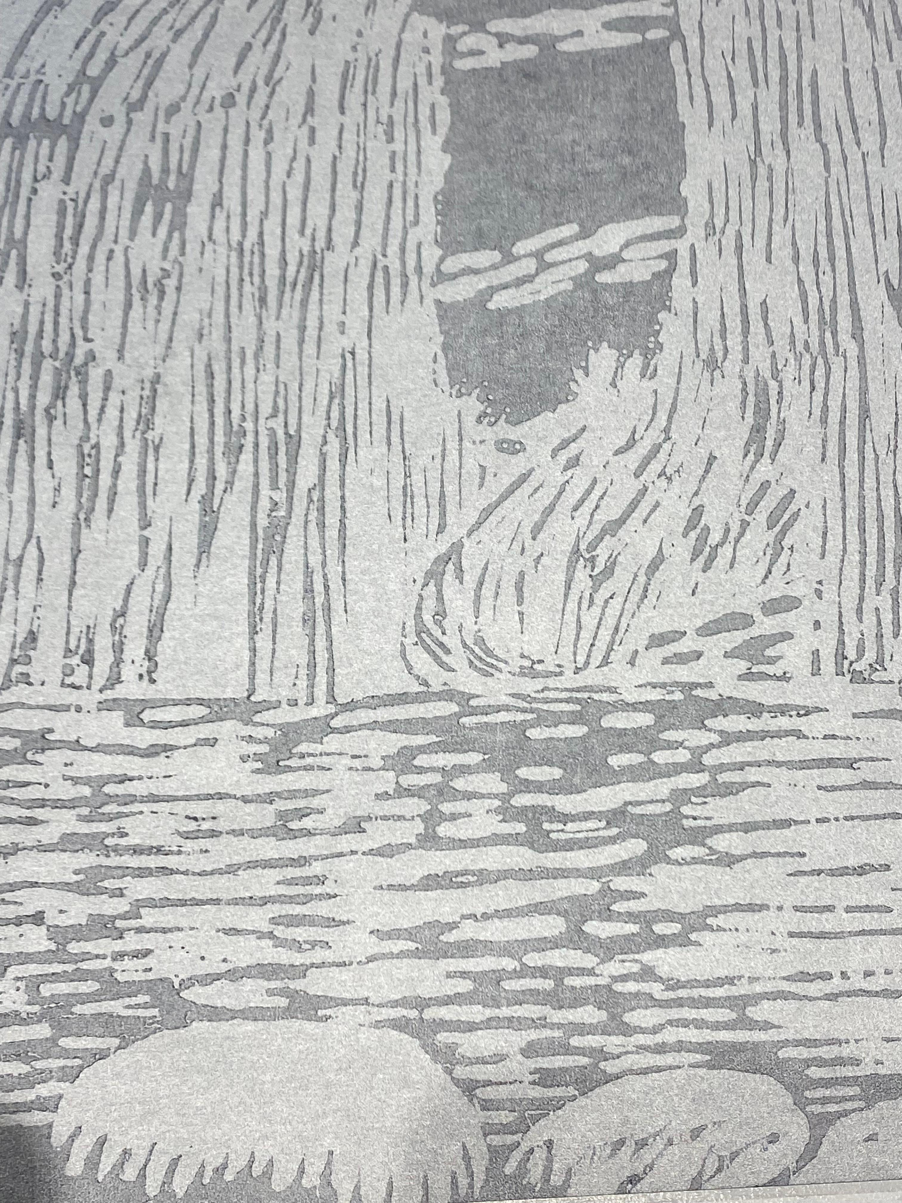 Falls Ten, Unique Woodcut Print, Waterfall in Silver and Pale Grey Blue For Sale 3