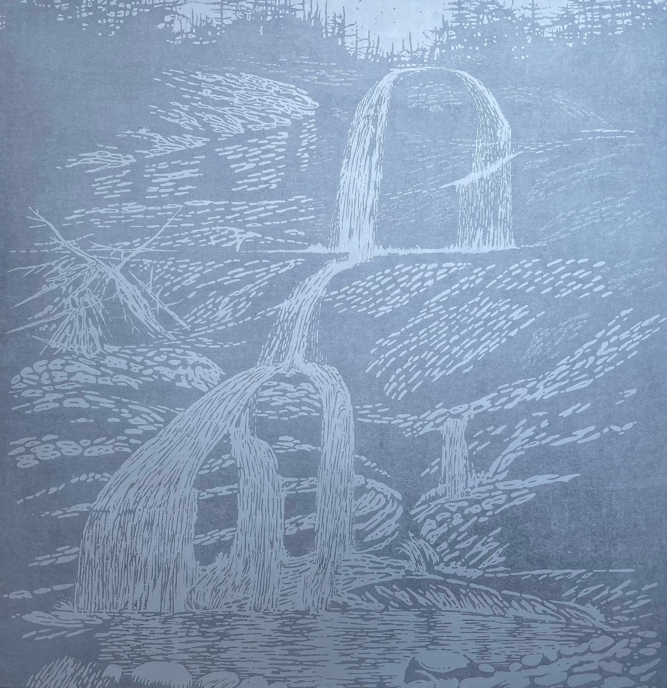 Falls Ten, Unique Woodcut Print, Waterfall in Silver and Pale Grey Blue
