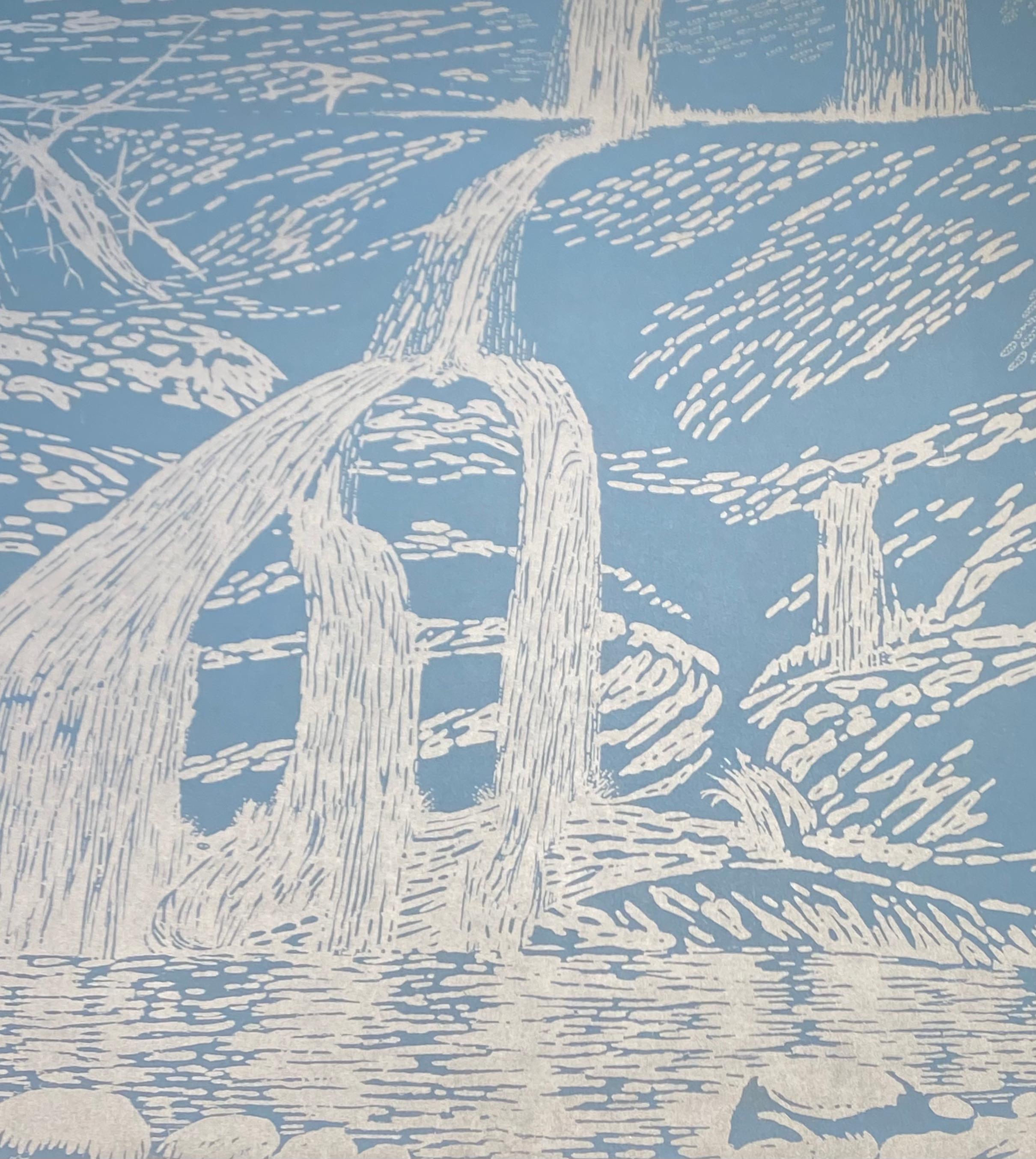 This is a unique woodcut print of a waterfall in a forest in light silvery blue against a pale blue background. The monotype brings to mind the tradition of Japanese printing while being distinctly contemporary. 

Edition 1/1 (monotype) unframed.