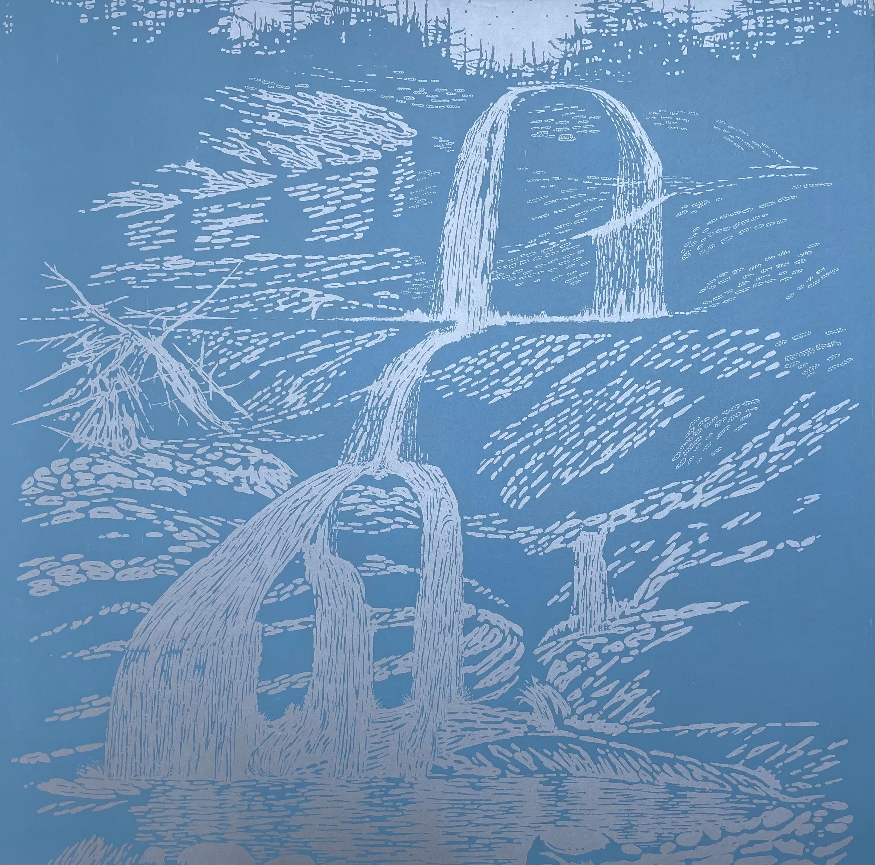 Eve Stockton Abstract Print - Falls Var Eight, Woodcut Print, Waterfall in Light Blue, Silvery Blue