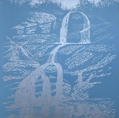 Wasserfall Var acht, Holzschnitt-Druck, Wasserfall in Hellblau, Silberblau