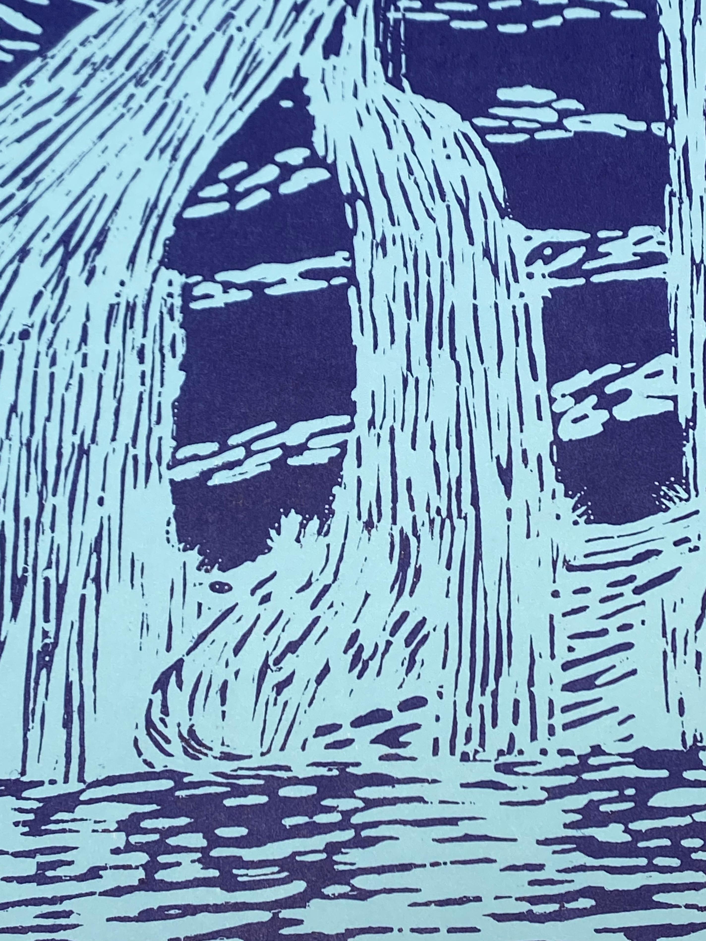 This is a unique woodcut print of a waterfall in a forest in light mint blue against a dark cobalt background. The monotype brings to mind the tradition of Japanese printing while being distinctly contemporary. 

Edition 1/1 (monotype) unframed.