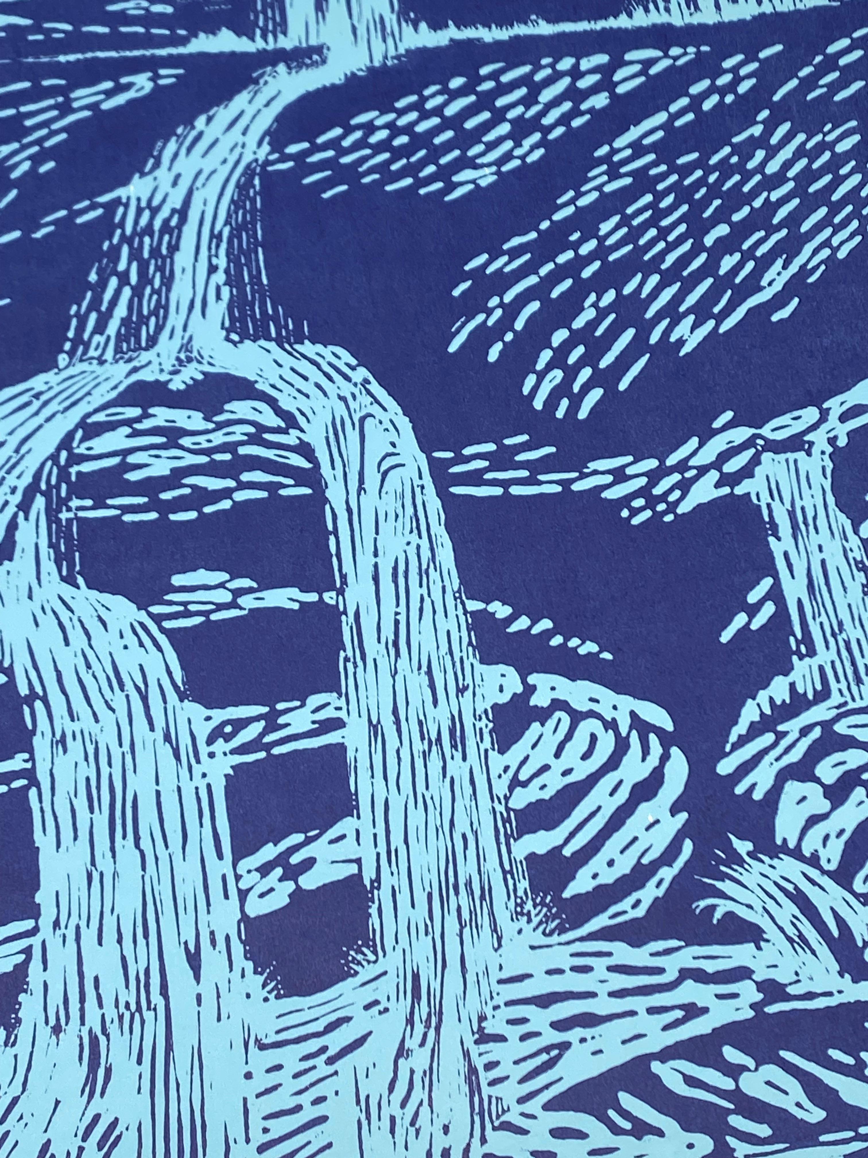 Falls Var Four, Woodcut Print, Waterfall in Light Mint Blue, Cobalt For Sale 1