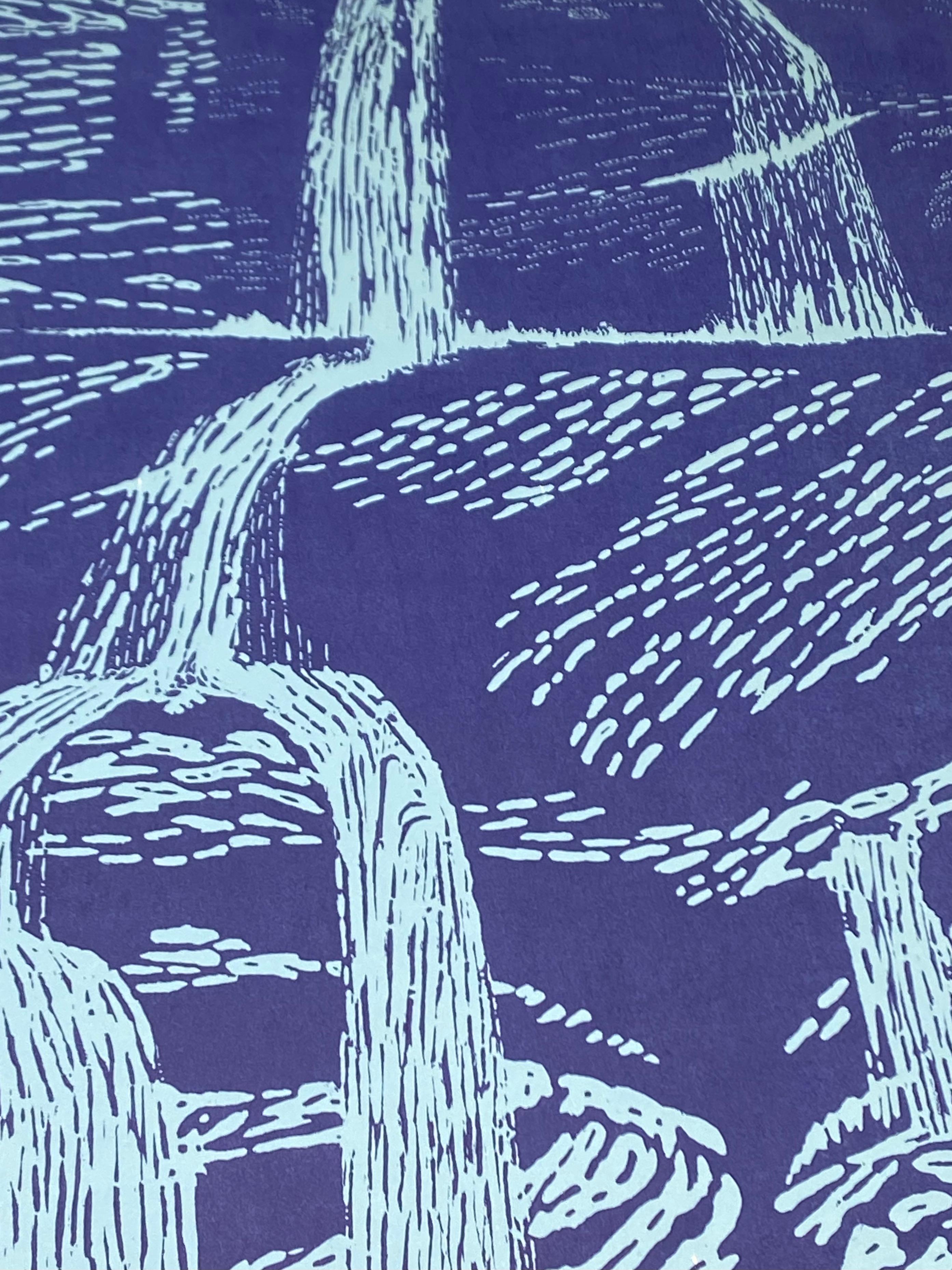 Falls Var Four, Woodcut Print, Waterfall in Light Mint Blue, Cobalt For Sale 2