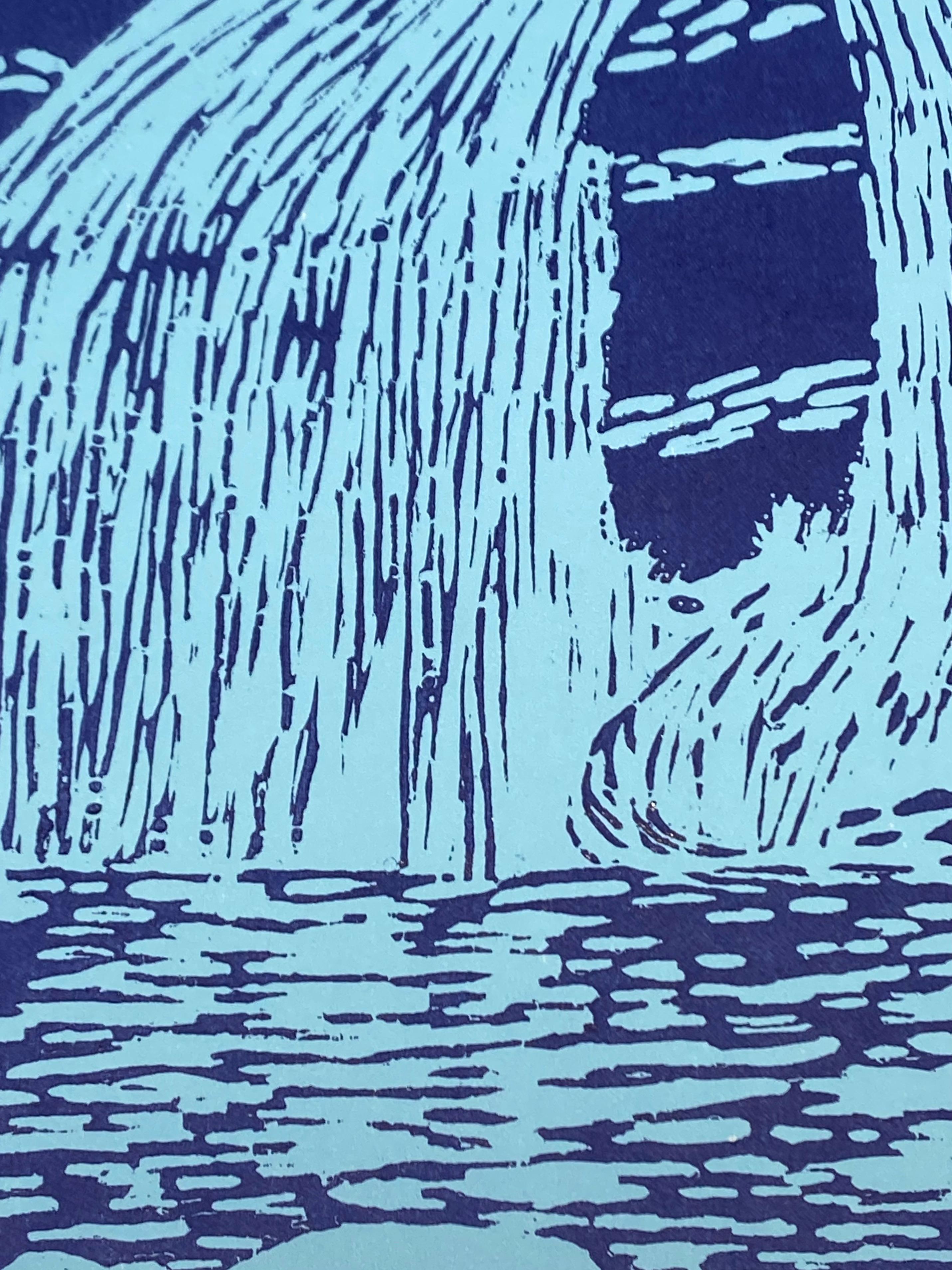 Falls Var Four, Woodcut Print, Waterfall in Light Mint Blue, Cobalt For Sale 3