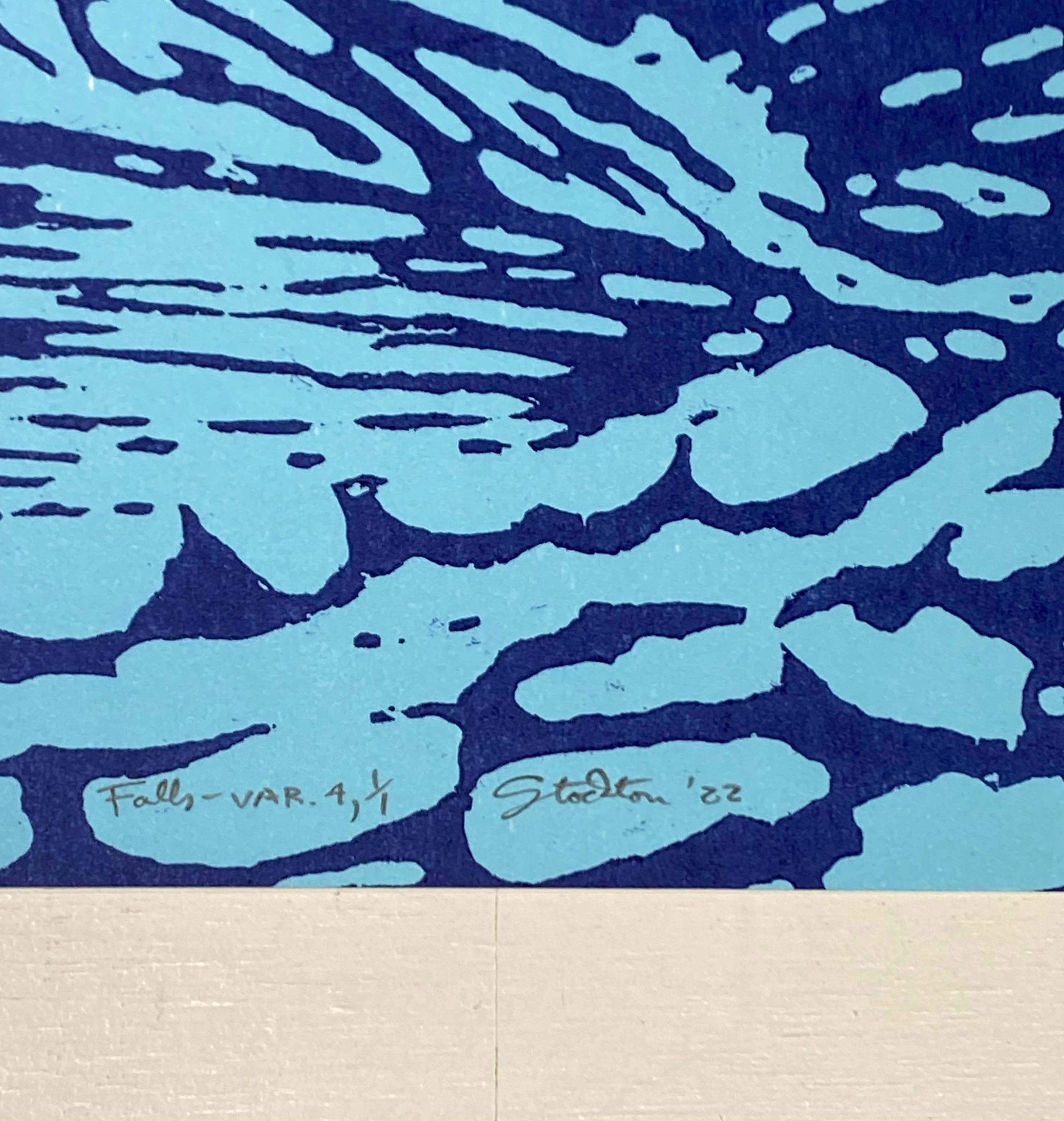Falls Var Four, Woodcut Print, Waterfall in Light Mint Blue, Cobalt For Sale 4