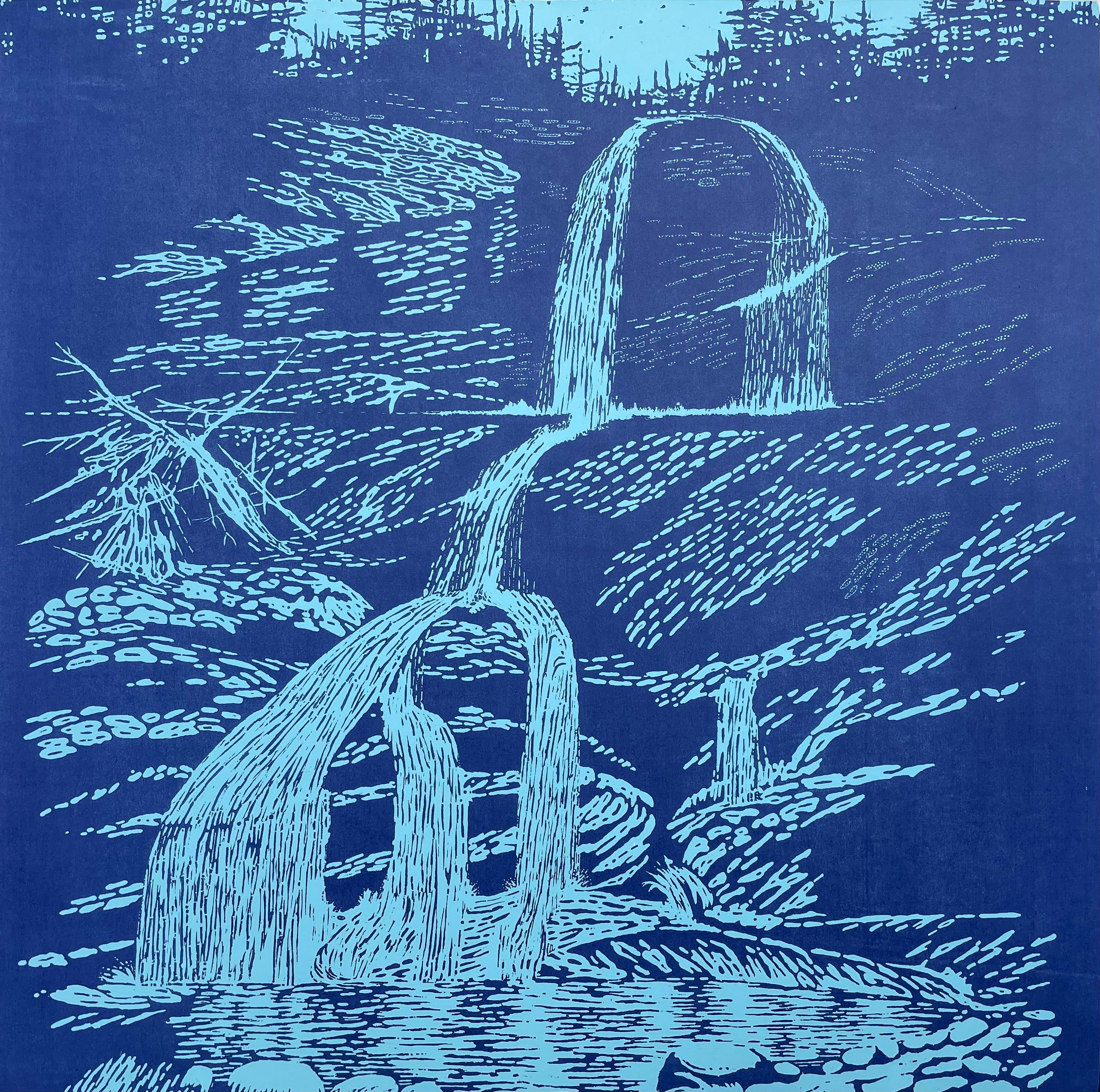 Quatre chutes Var, gravure sur bois, cascade en bleu menthe clair, cobalt