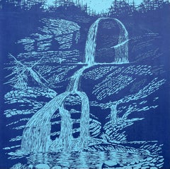 Falls Var Four, Woodcut Print, Waterfall in Light Mint Blue, Cobalt