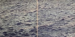 Meereslandschaft Diptychon 19 Horizontale Meereslandschaft, Wellen, Holzschnittdruck in Blautönen