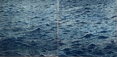 Seascape Diptych 20, Large Horizontal Woodcut Print of Ocean Waves in Blue