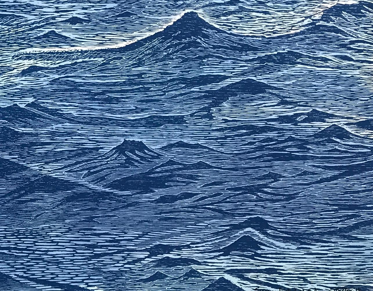 Diptyque de paysage marin 23, grande gravure horizontale sur bois bleue représentant de l'eau et des vagues océaniques - Print de Eve Stockton